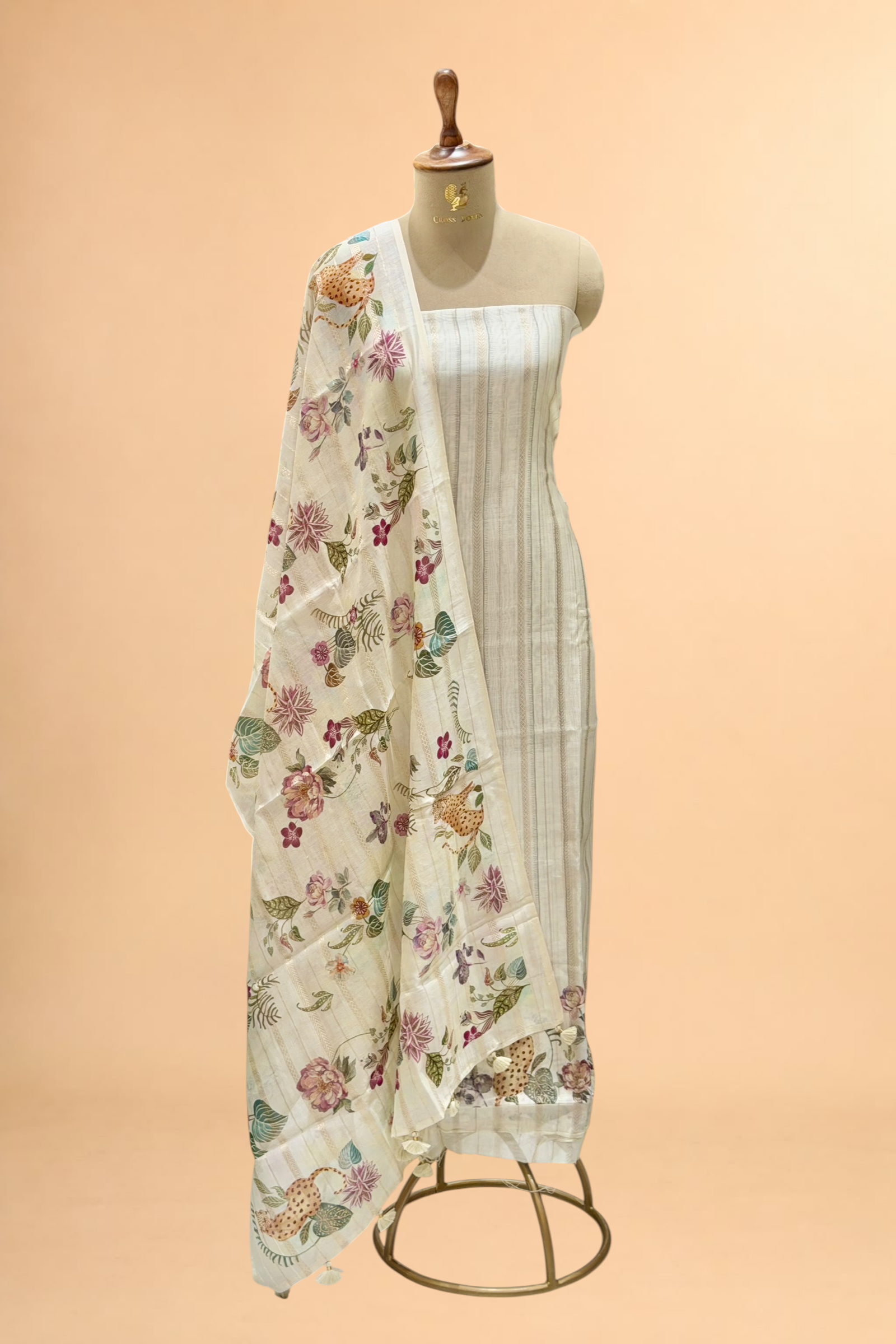 White Chanderi Silk Suit Set With Jangle Inspired Dupatta