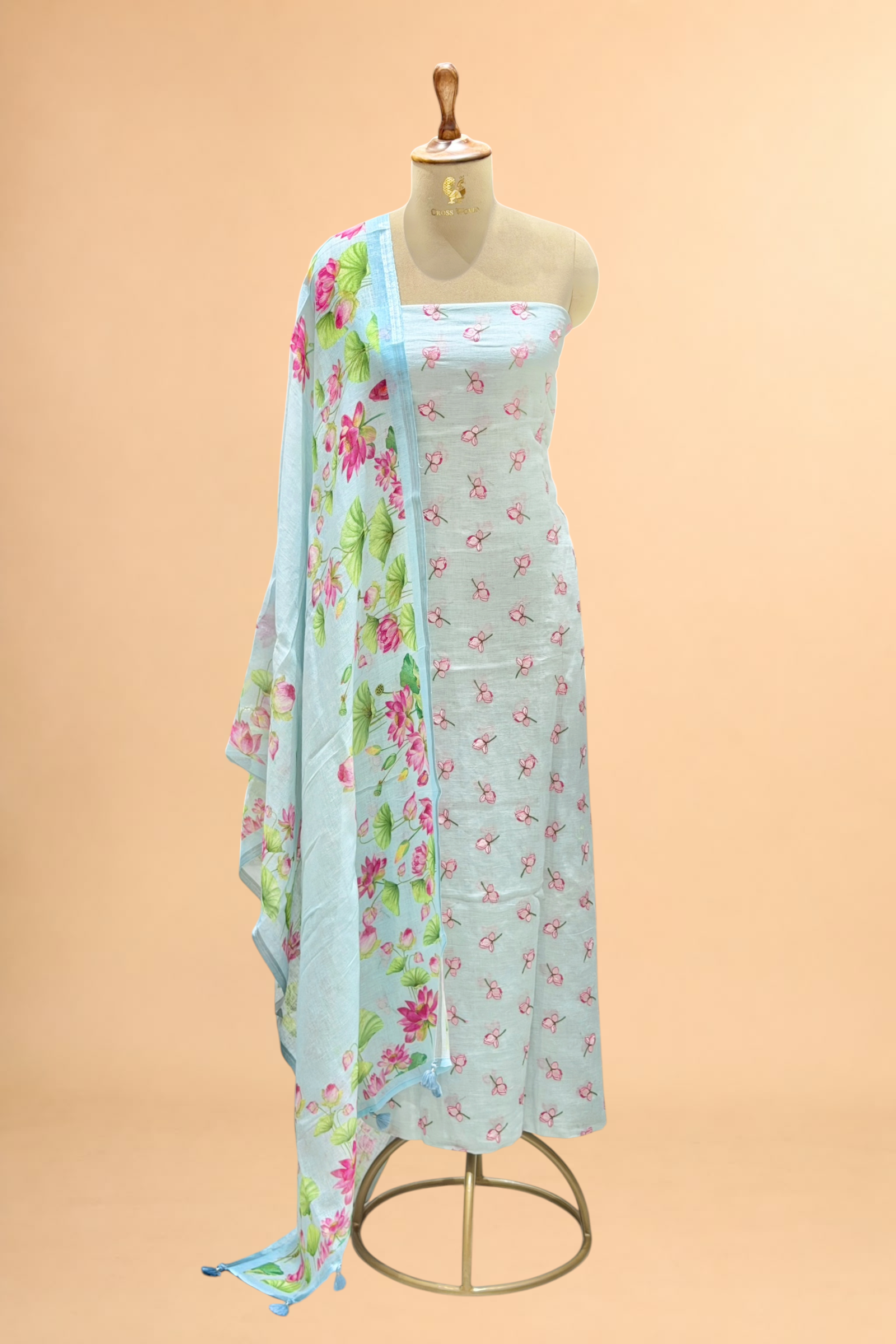 Sky Blue Linen Suit Set with Floral Embroidered Top & Lotus Printed Dupatta