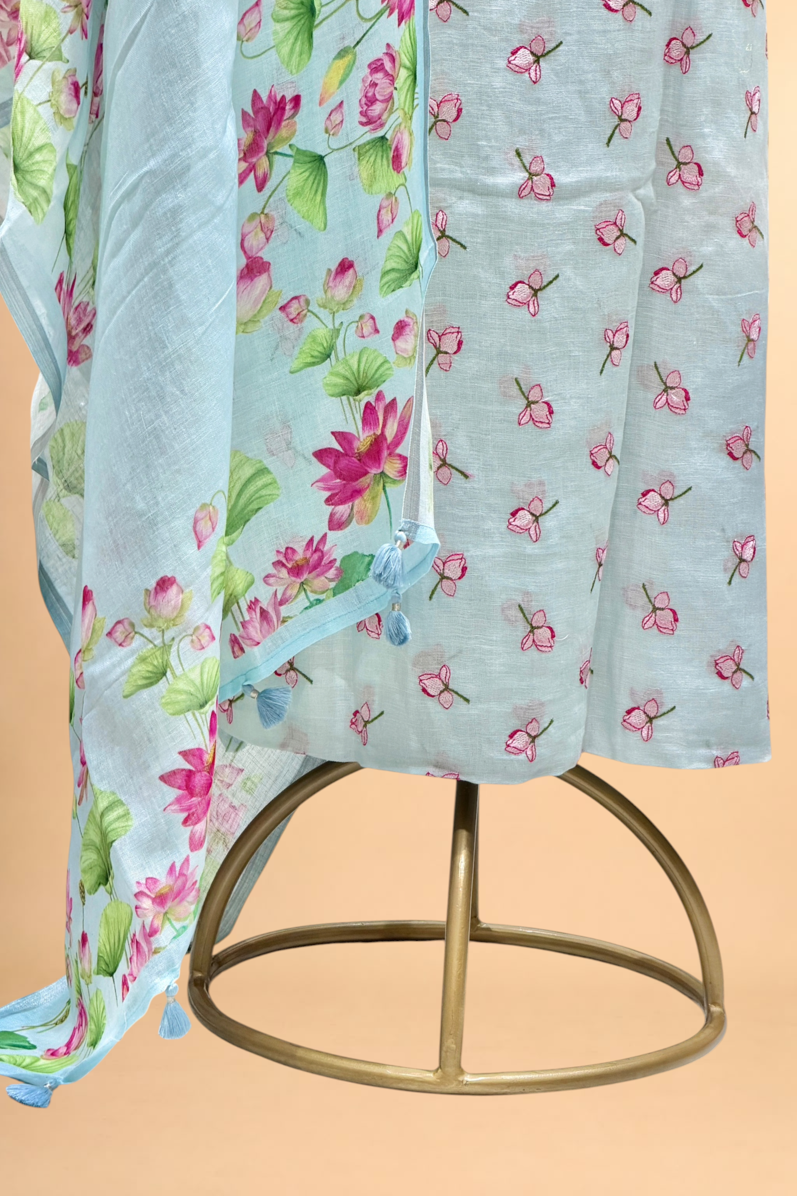 Sky Blue Linen Suit Set with Floral Embroidered Top & Lotus Printed Dupatta