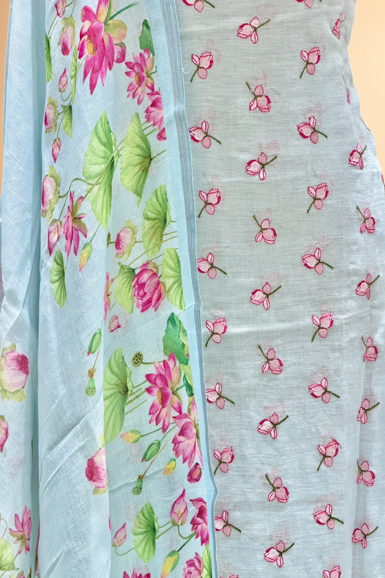 Sky Blue Linen Suit Set with Floral Embroidered Top & Lotus Printed Dupatta