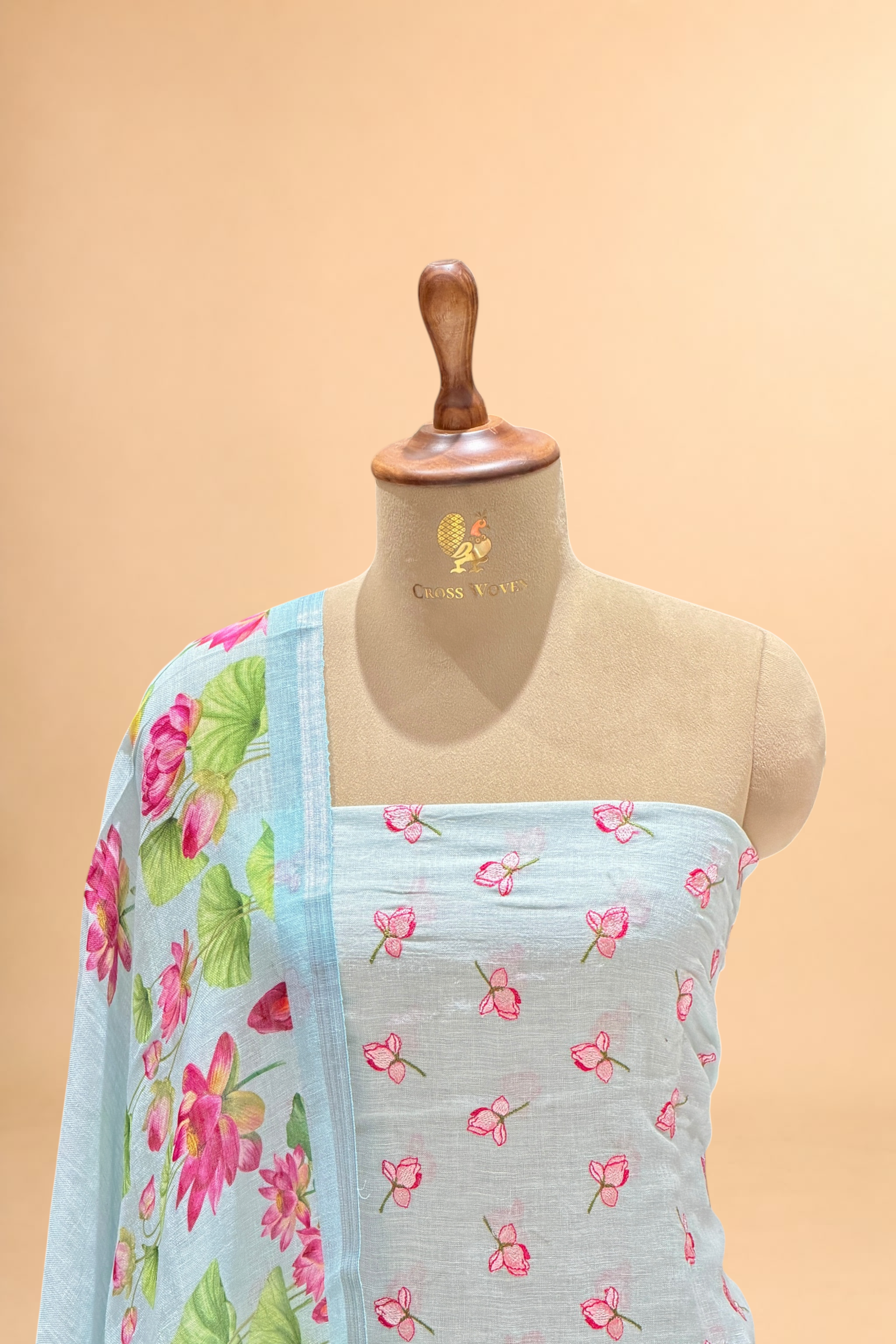 Sky Blue Linen Suit Set with Floral Embroidered Top & Lotus Printed Dupatta