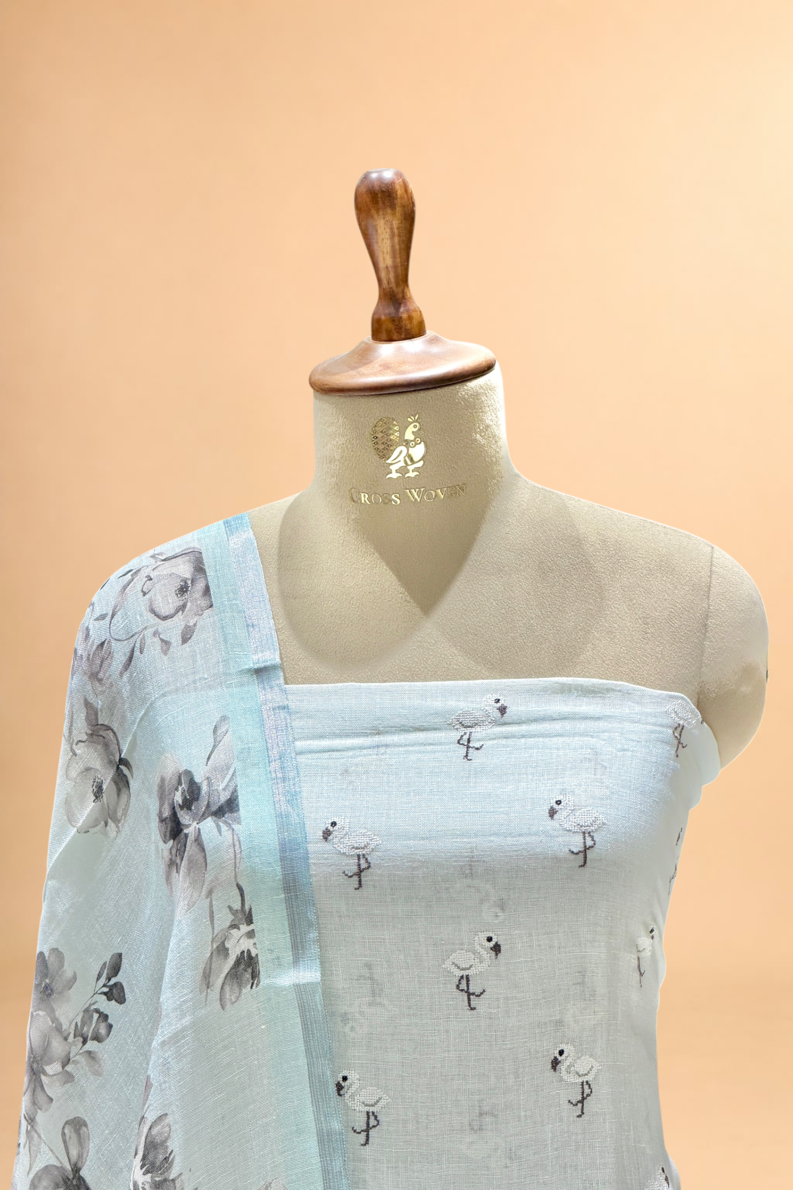 Powder Blue Linen Suit Set with Embroidered Bird Motifs & Floral Printed Dupatta