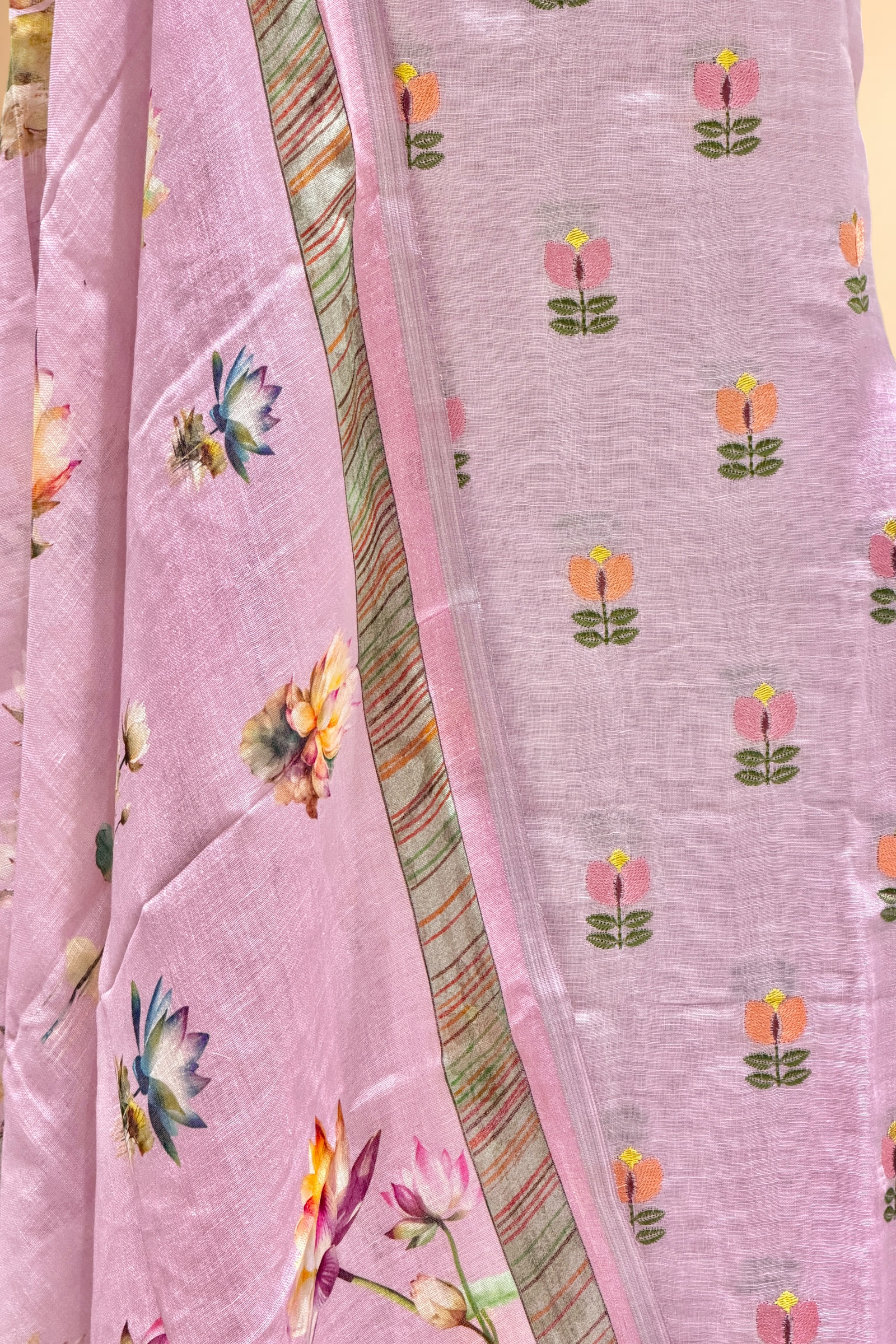 Pastel Pink Linen Suit Set with Floral Embroidery & Printed Dupatta