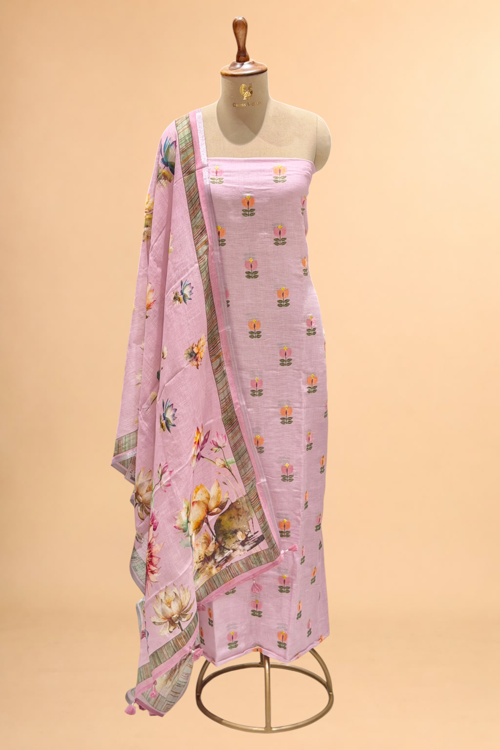 Pastel Pink Linen Suit Set with Floral Embroidery & Printed Dupatta