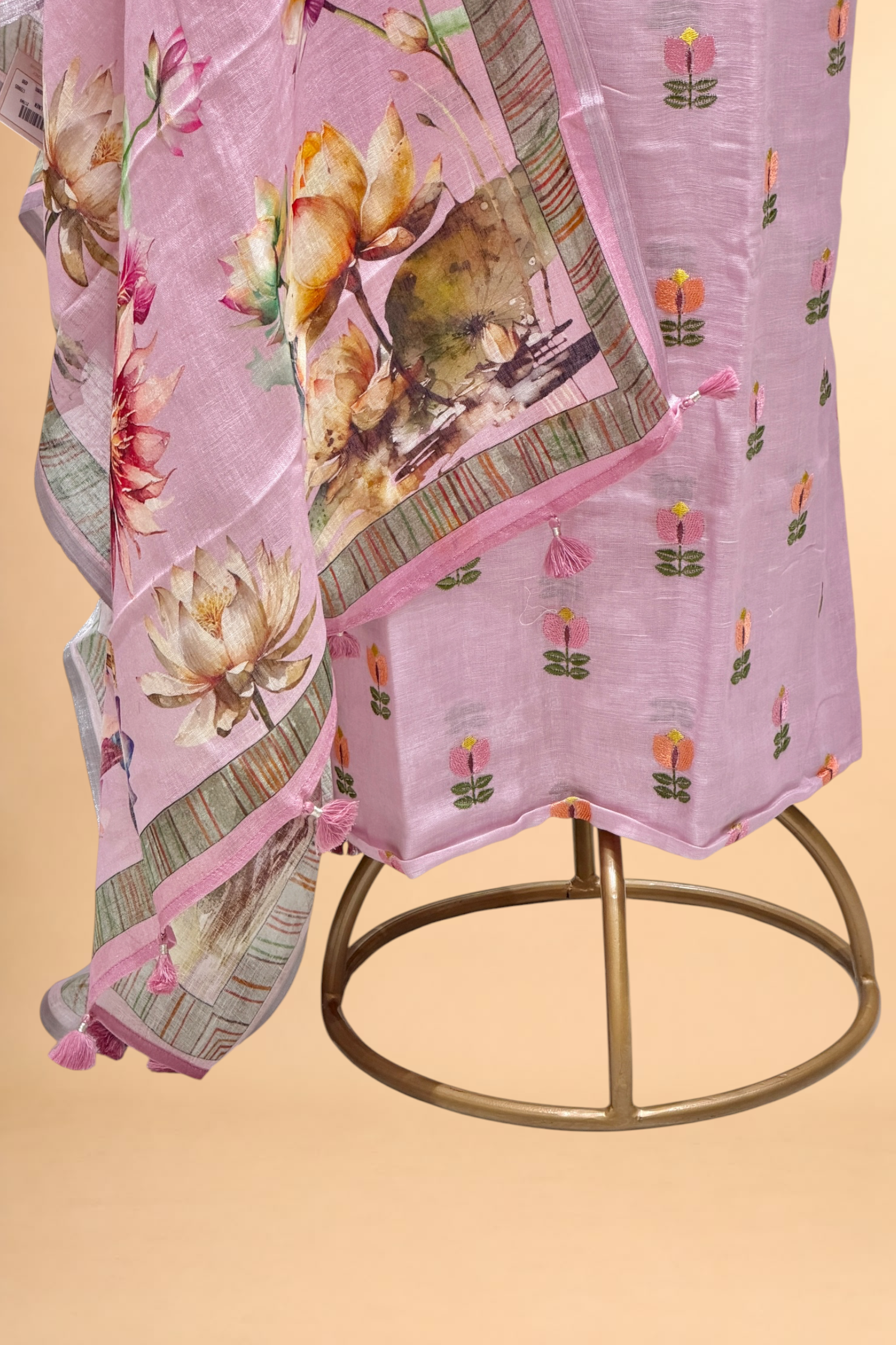 Pastel Pink Linen Suit Set with Floral Embroidery & Printed Dupatta