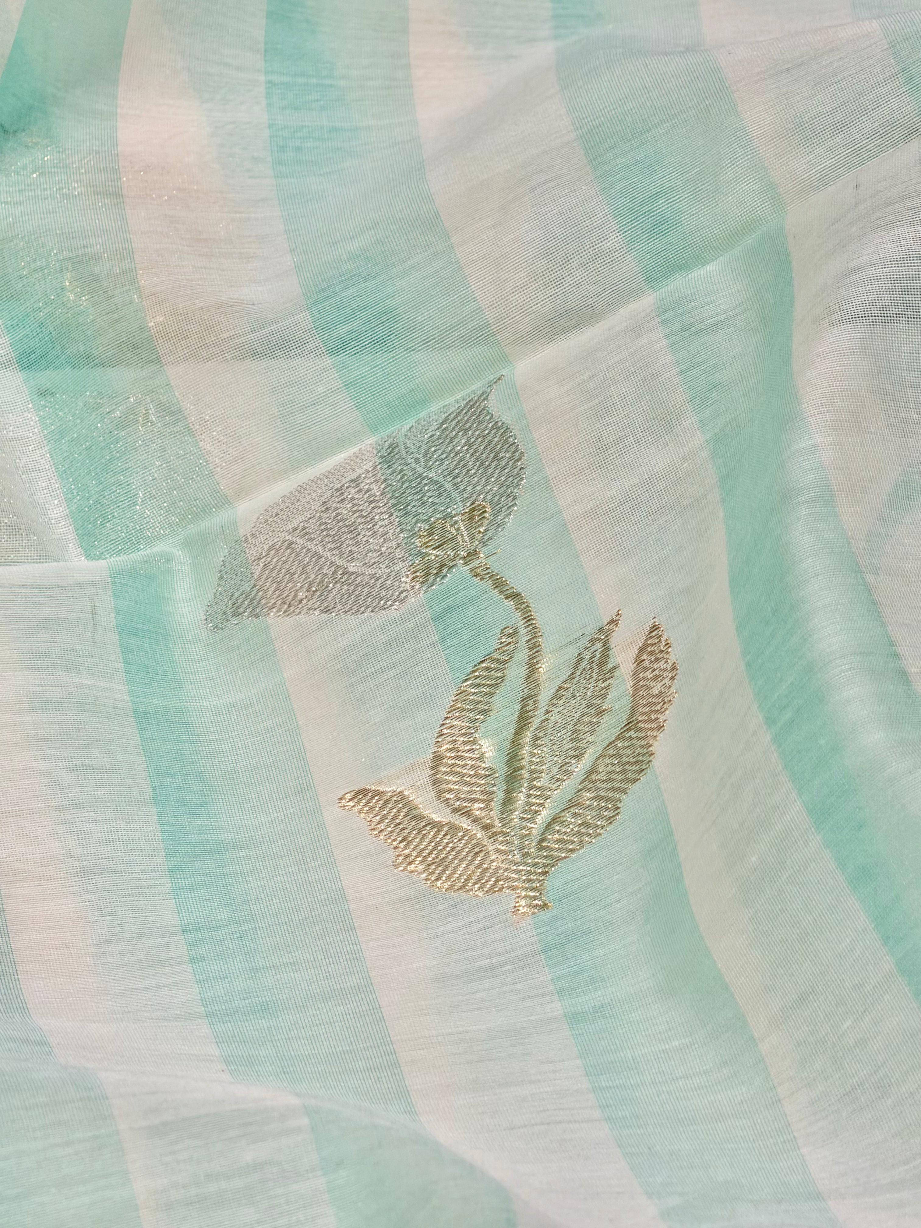 Aqua Green Premium Cotton Fabric With Floral Motifs