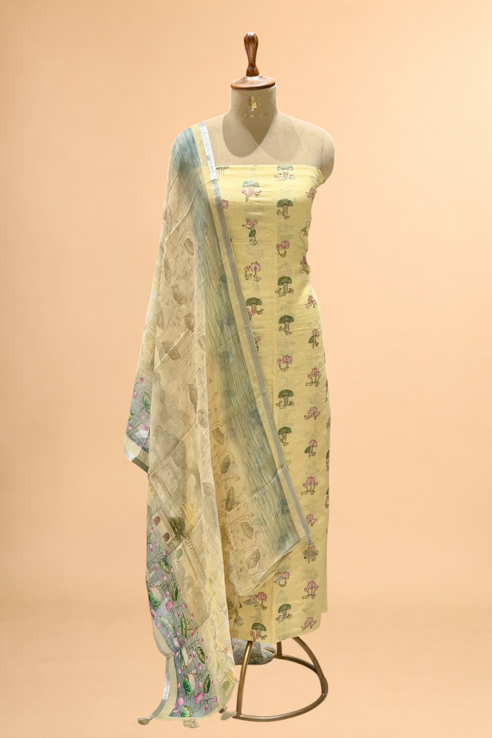 Pastel Yellow Suit Set with Embroidered Top & Printed Dupatta