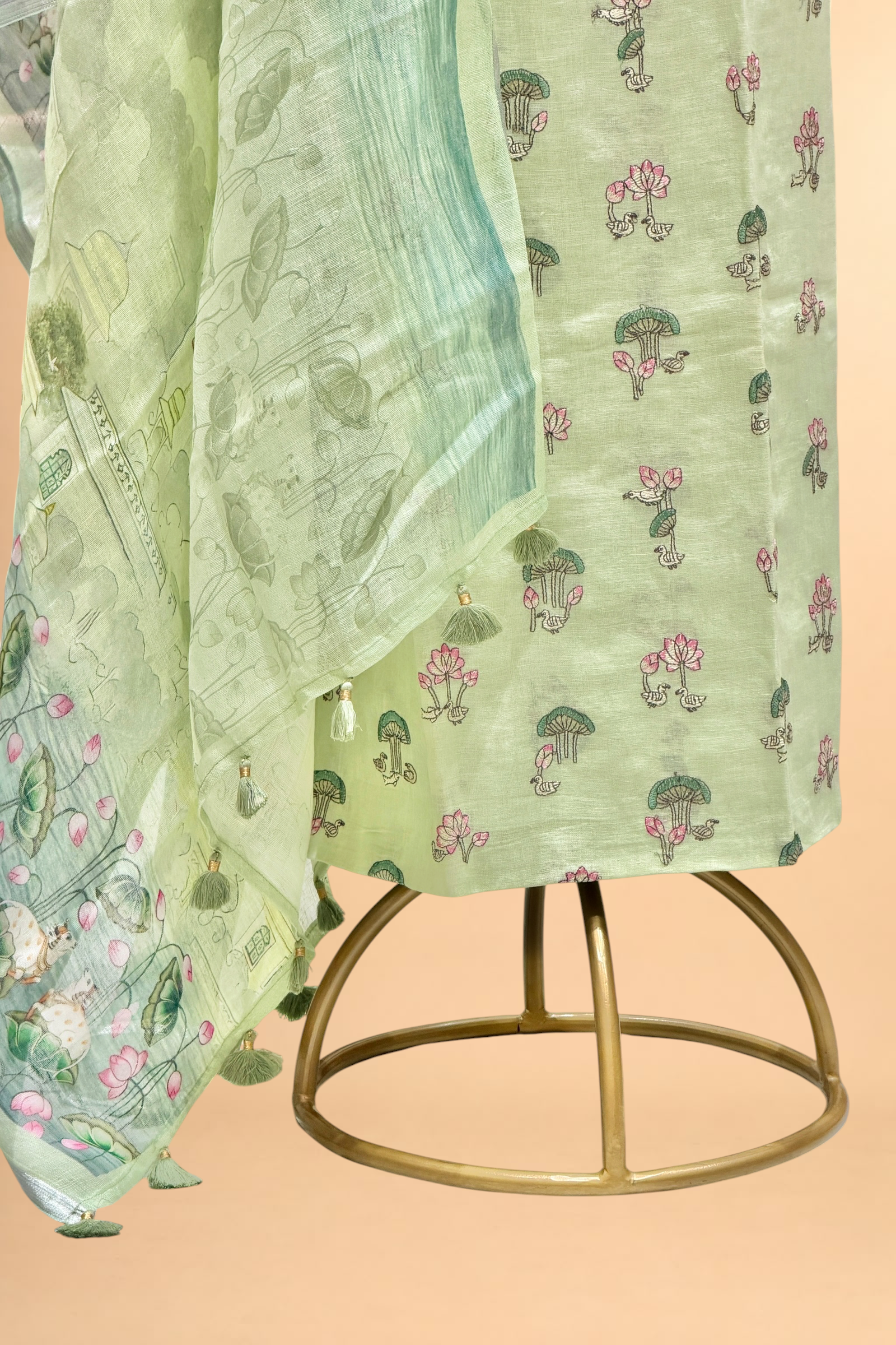 Pastel Green Linen Suit Set with Lotus Embroidery & Printed Dupatta