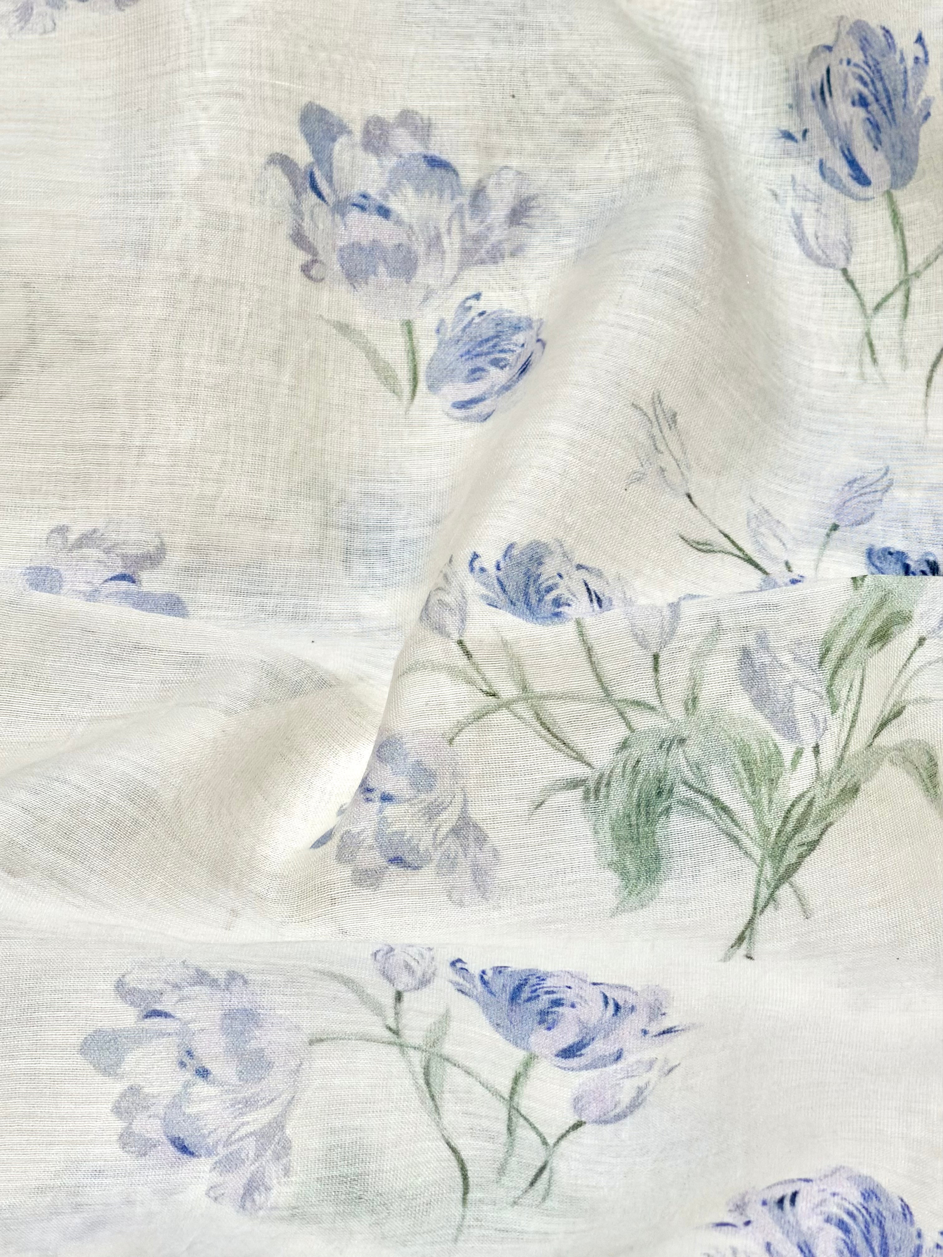Blue Floral Printed Mul Cotton Fabric