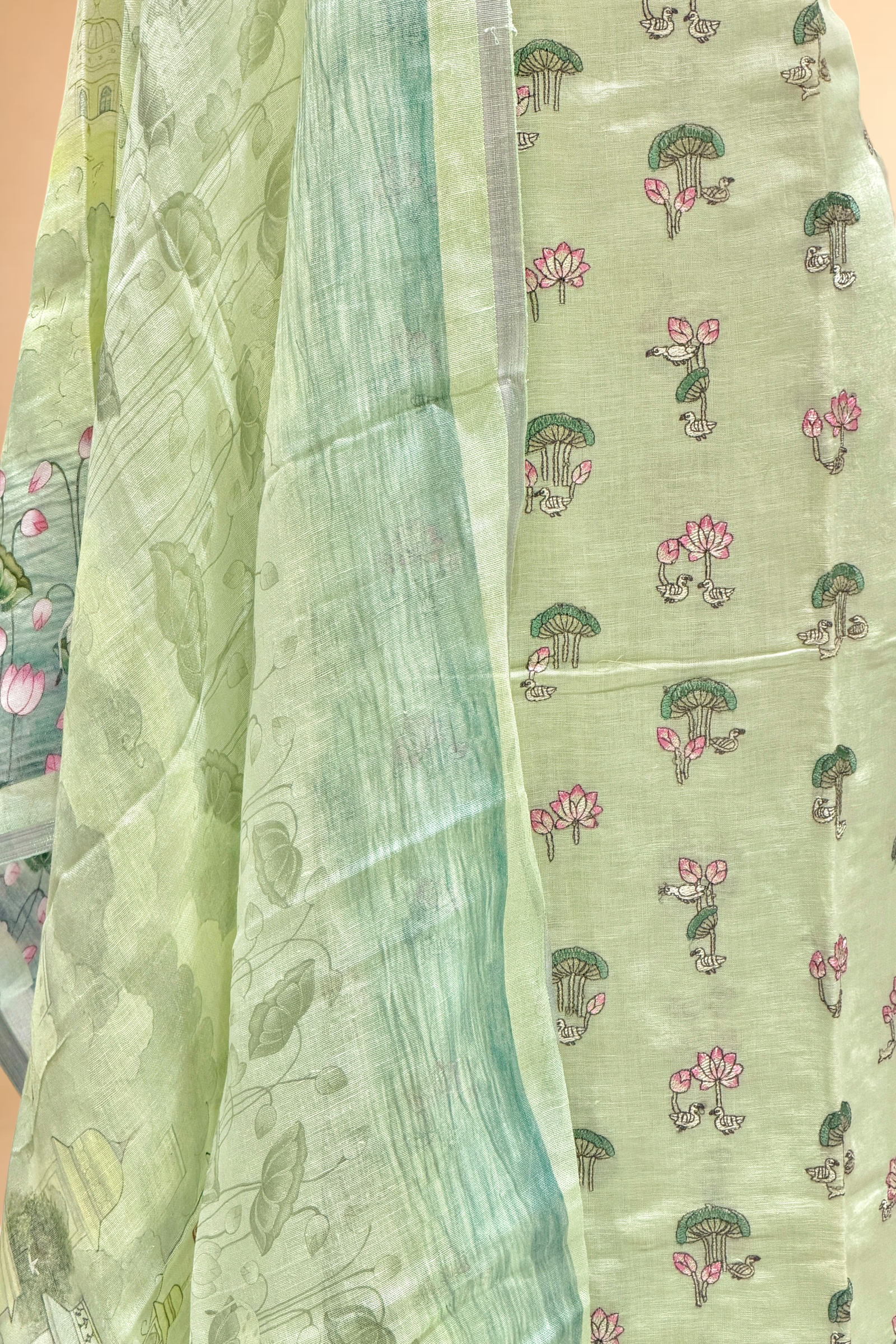 Pastel Green Linen Suit Set with Lotus Embroidery & Printed Dupatta