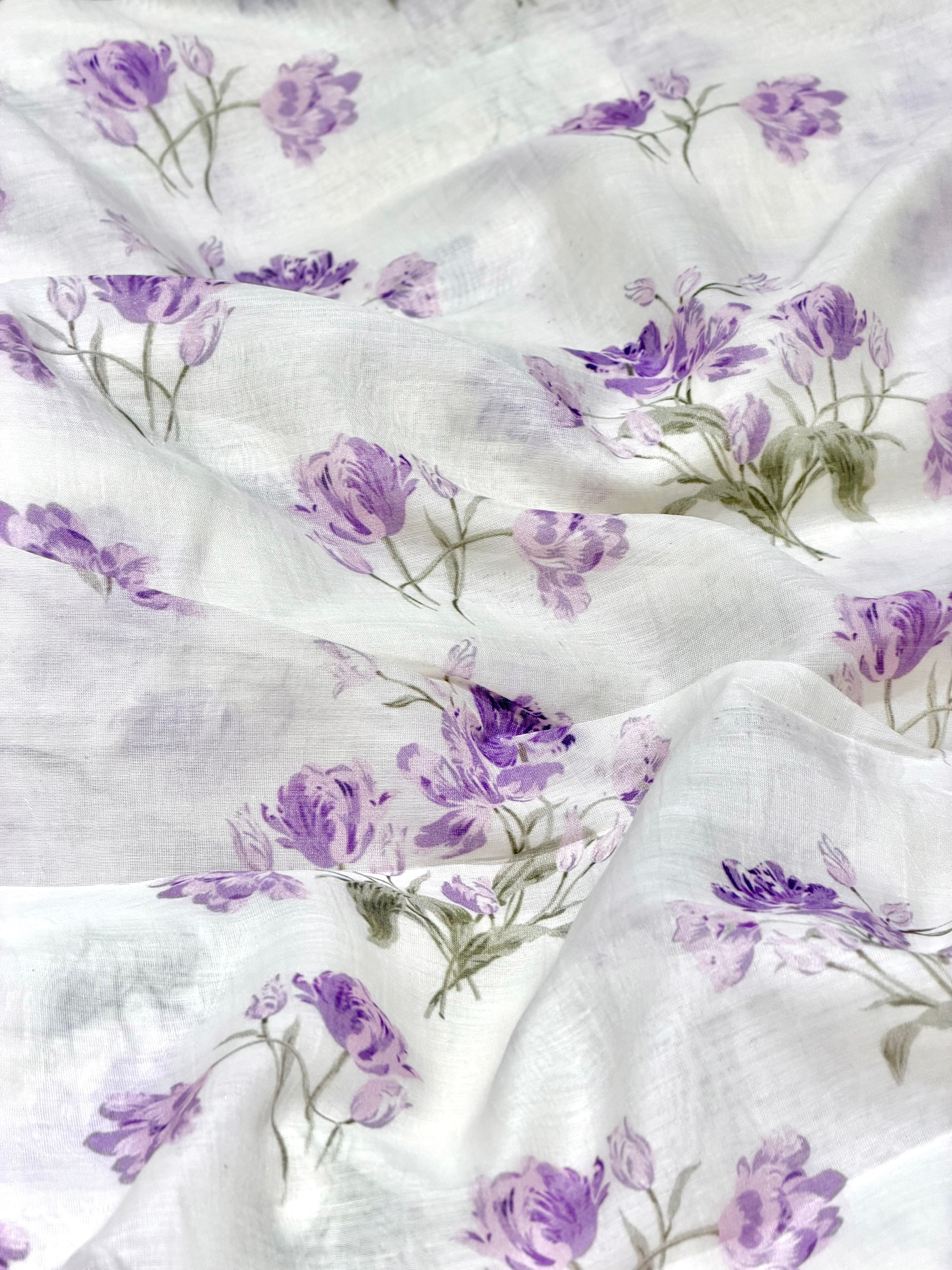 Purple Floral Printed Mul Cotton Fabric