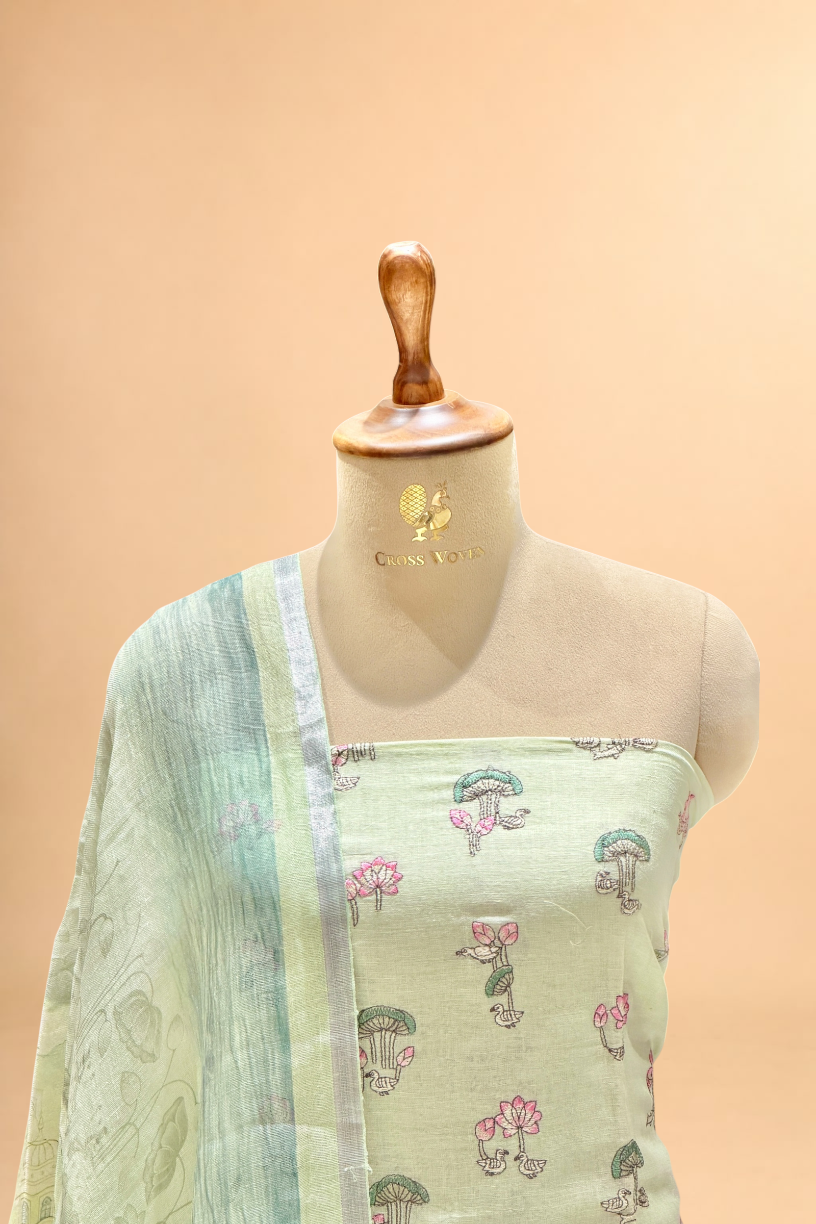 Pastel Green Linen Suit Set with Lotus Embroidery & Printed Dupatta