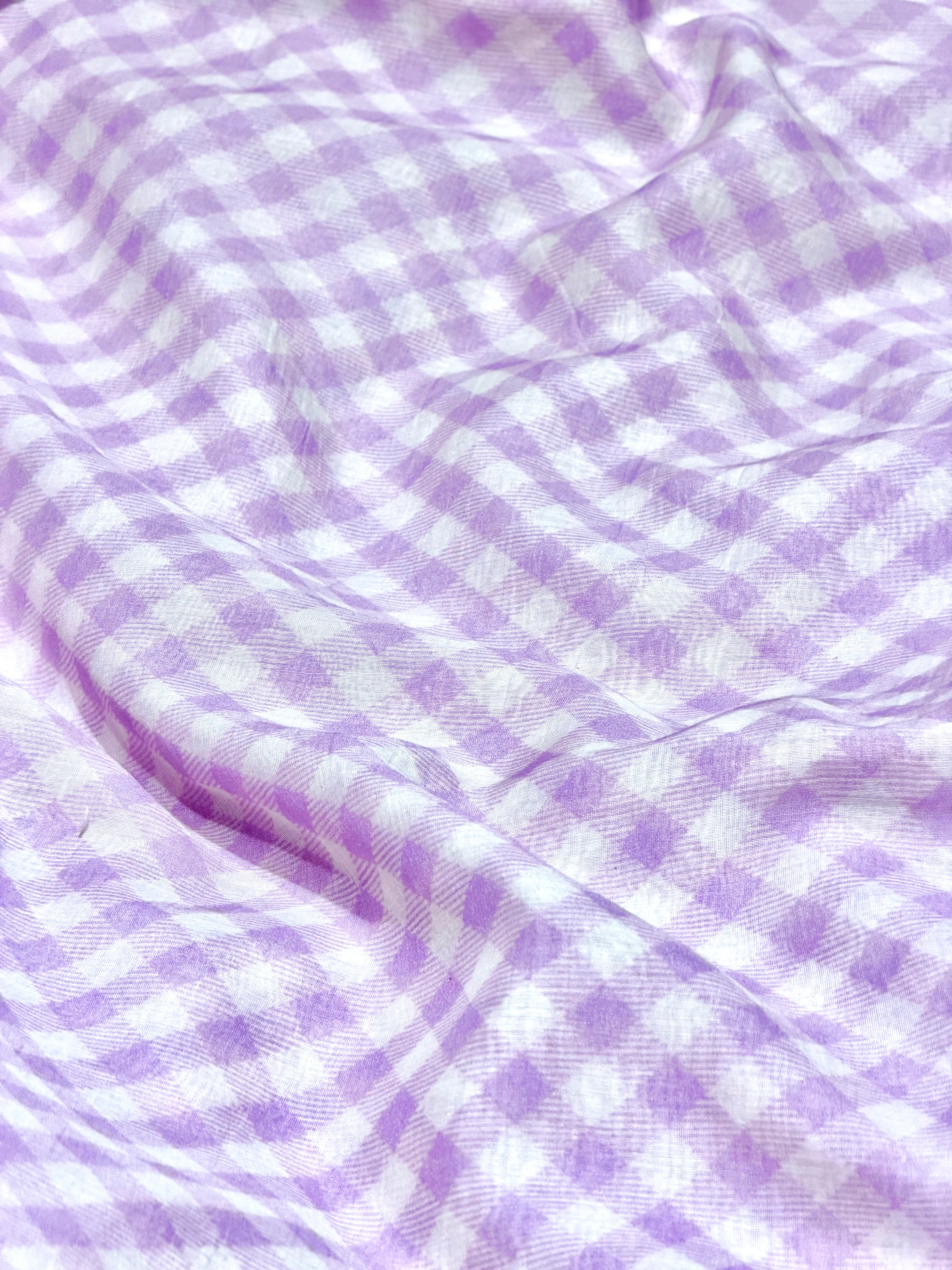 Lavender Mul Cotton Fabric With Checkered Pattern