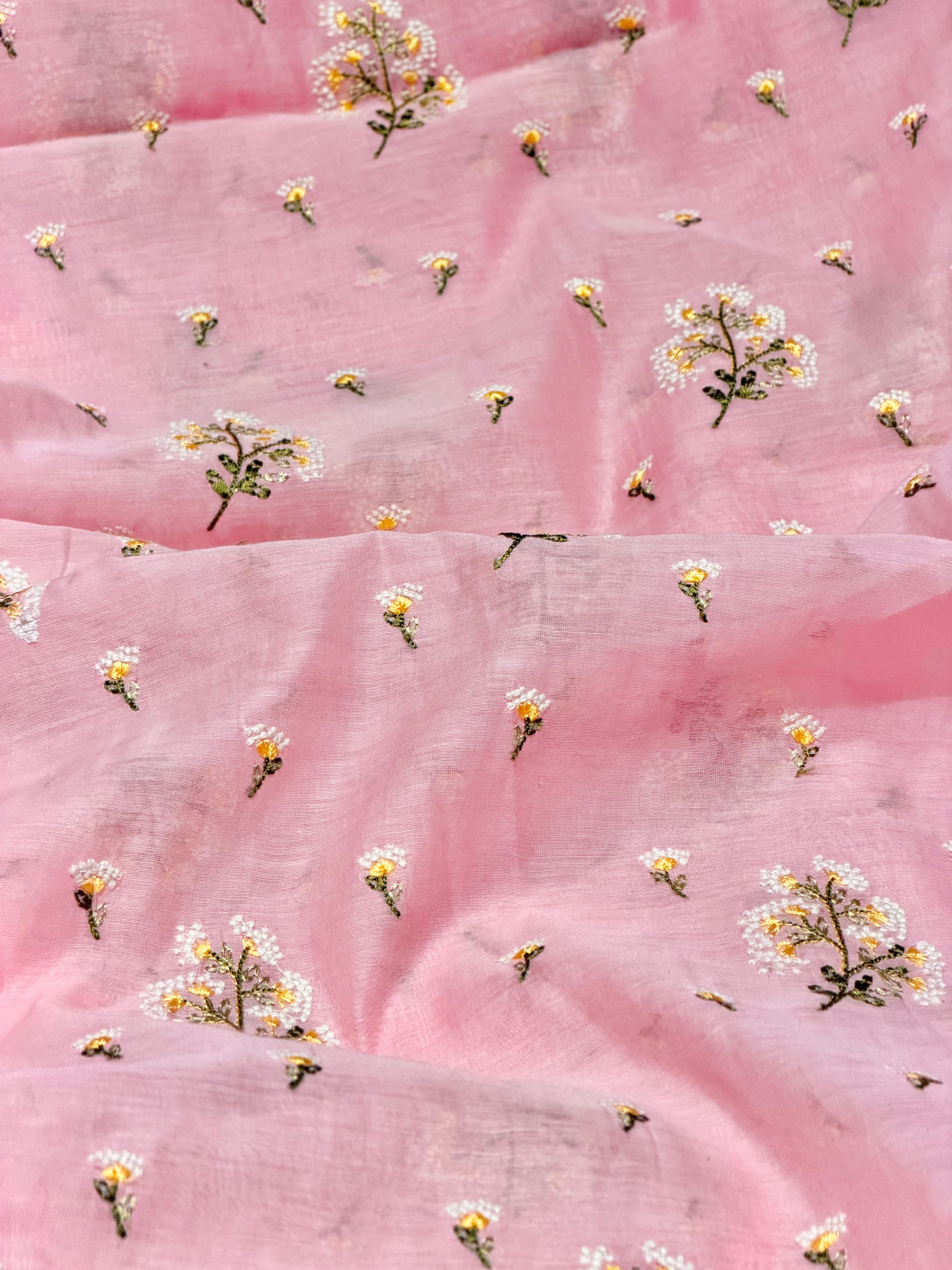 Flamingo Pink  Mul Fabric With Embroidery