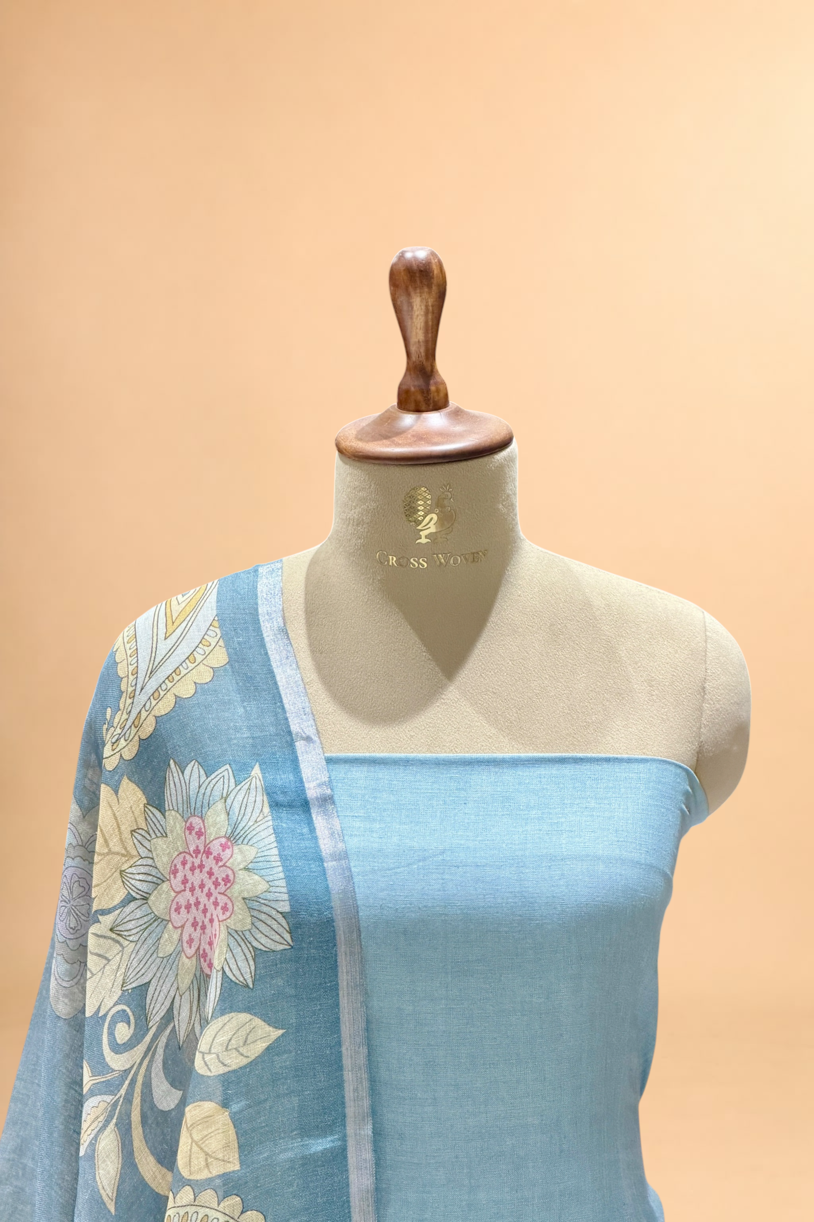 Powder Blue Linen Suit Set with Floral Printed Dupatta