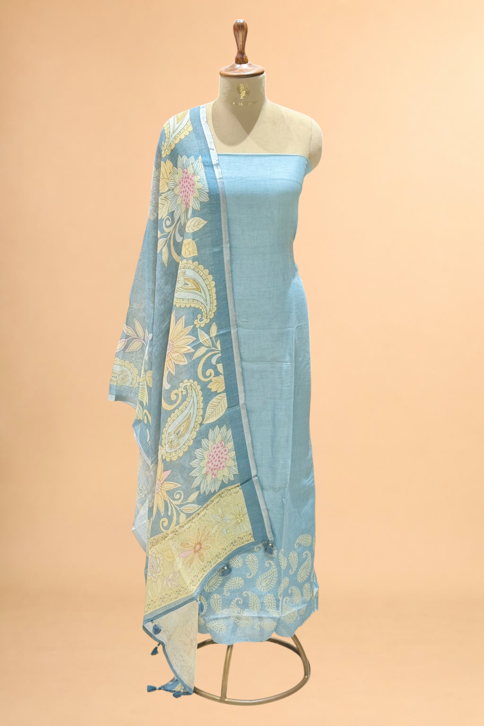 Powder Blue Linen Suit Set with Floral Printed Dupatta