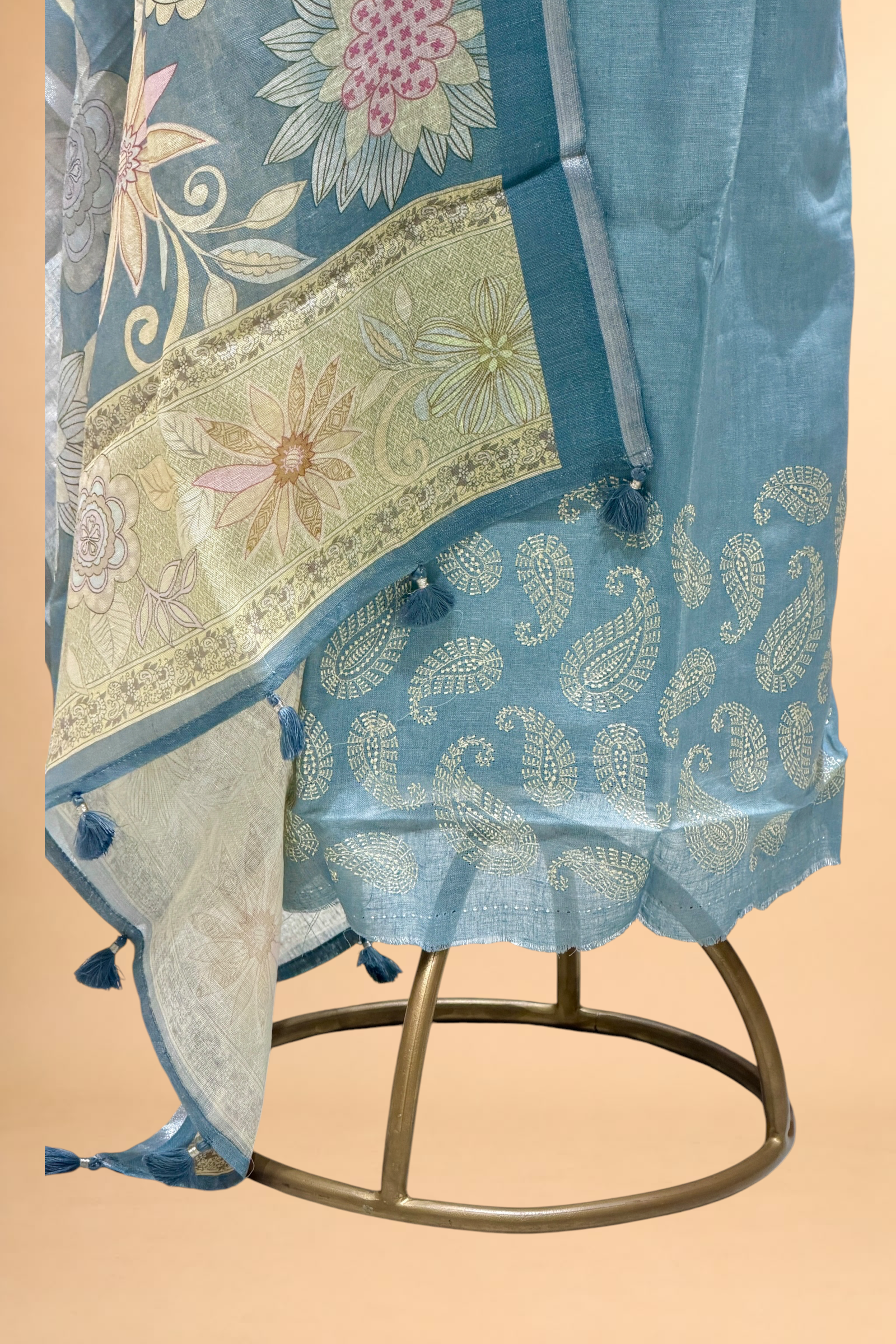 Powder Blue Linen Suit Set with Floral Printed Dupatta