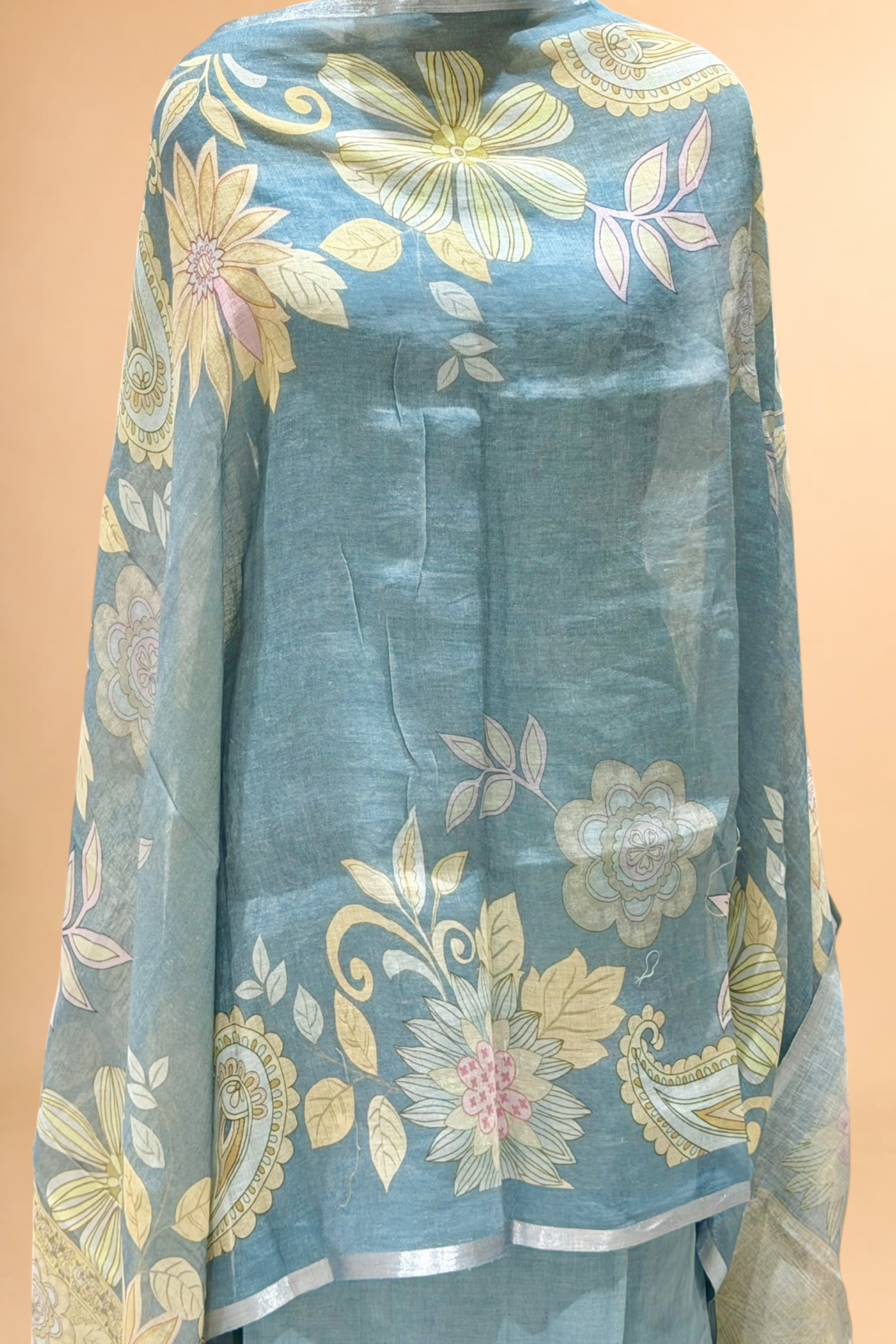 Powder Blue Linen Suit Set with Floral Printed Dupatta