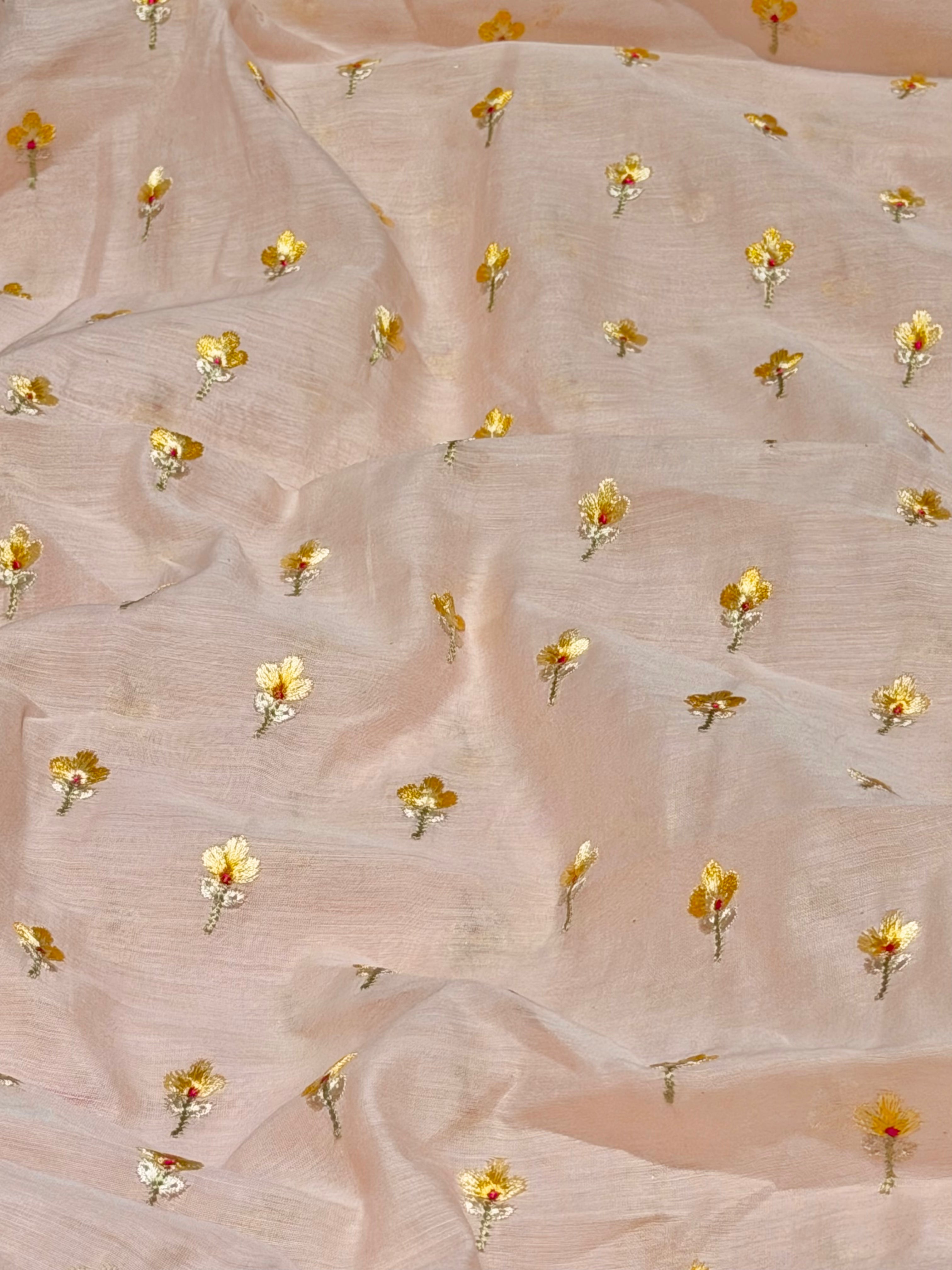 Peach Pink Mul Fabric With Embroidery