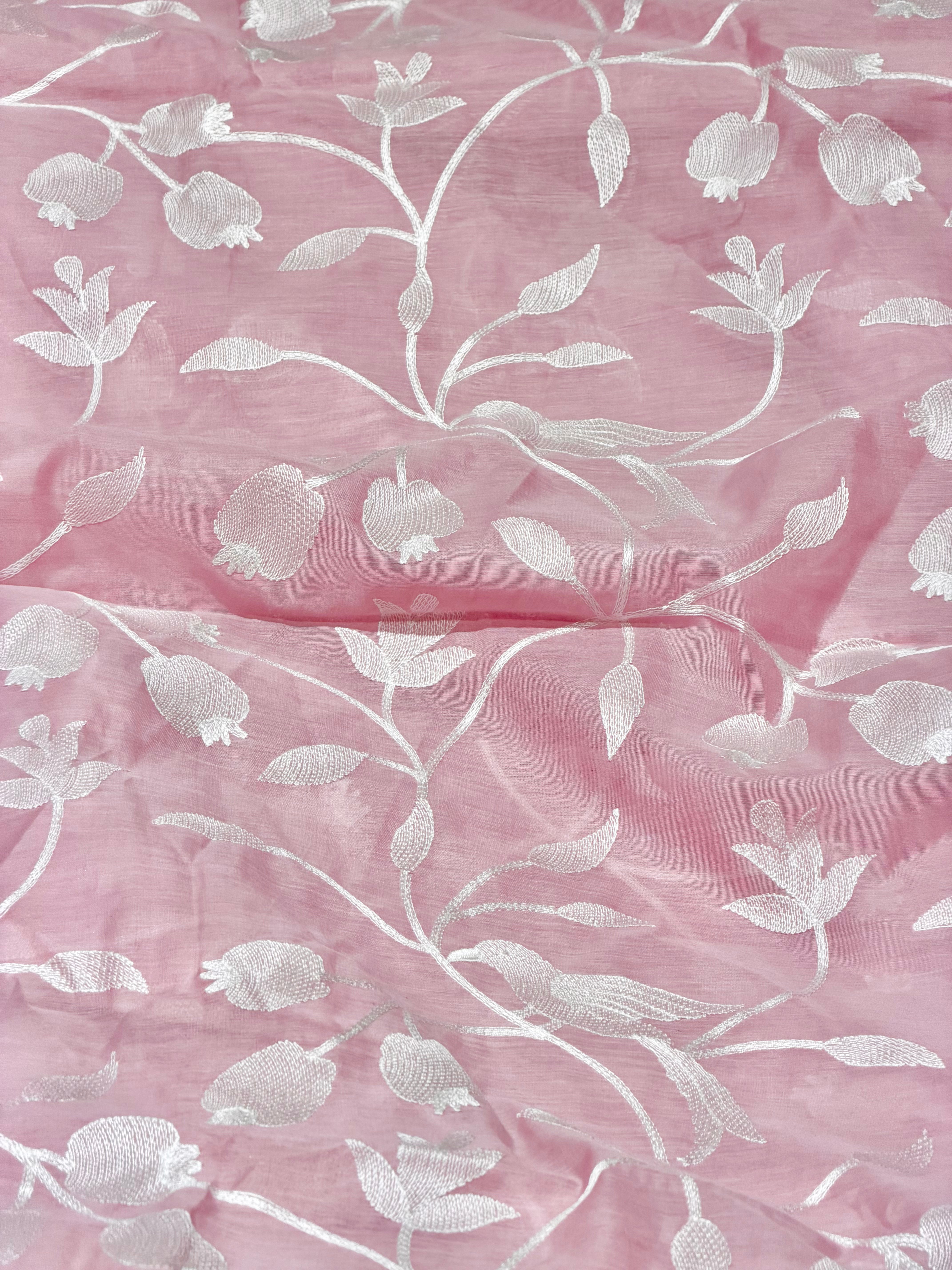 Pastel Pink Mul Fabric With Embroidery