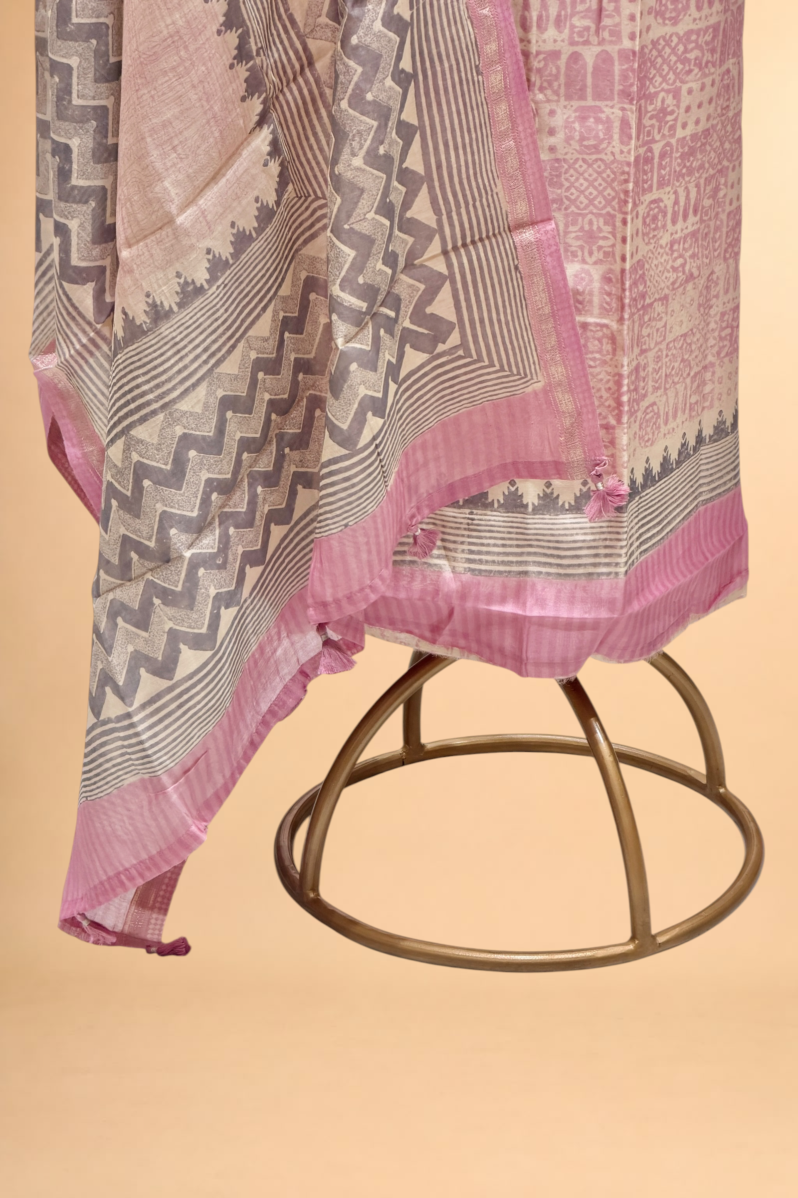 Pastel Pink Block Printed Chanderi Suit Set with Printed Dupatta
