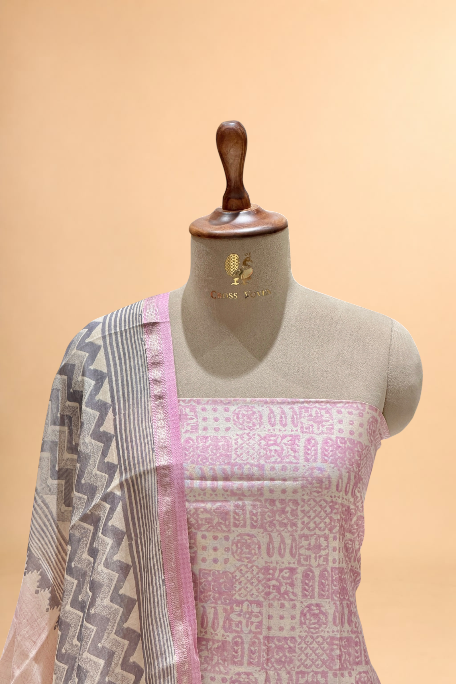 Pastel Pink Block Printed Chanderi Suit Set with Printed Dupatta
