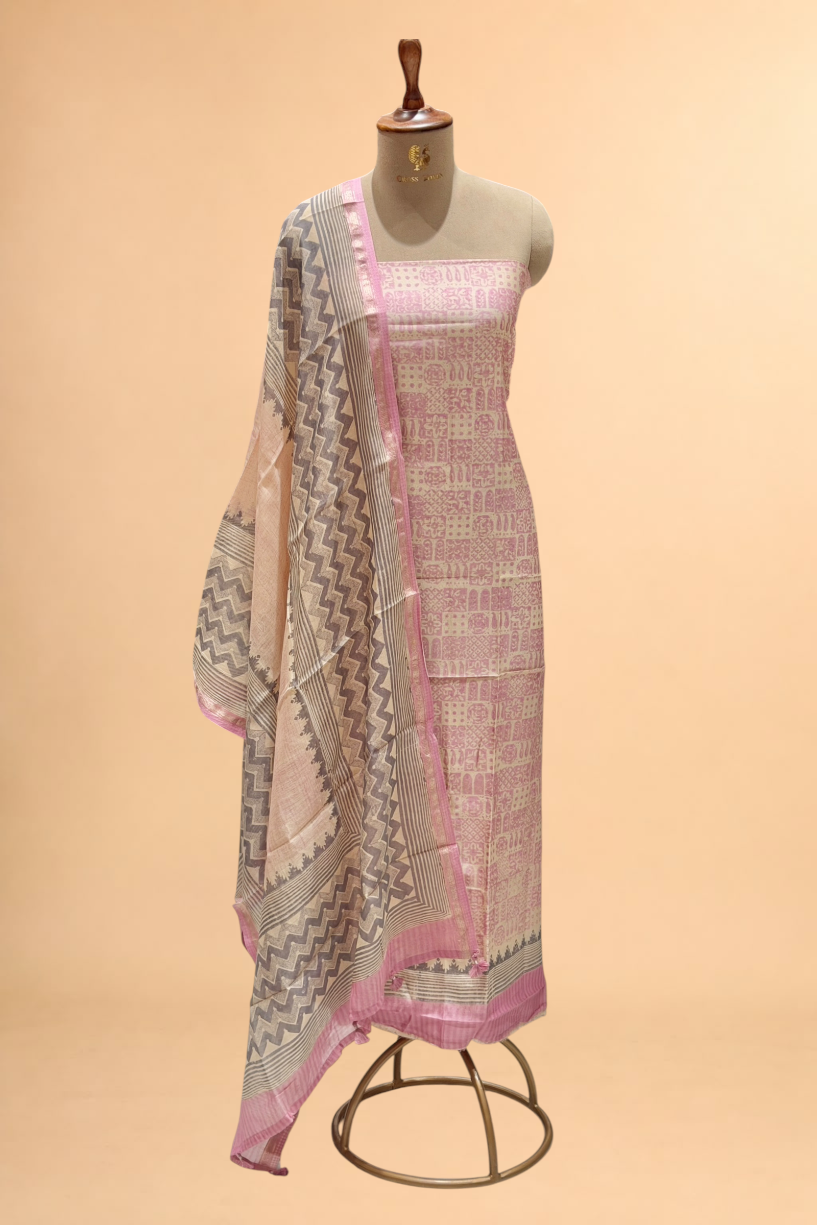 Pastel Pink Block Printed Chanderi Suit Set with Printed Dupatta
