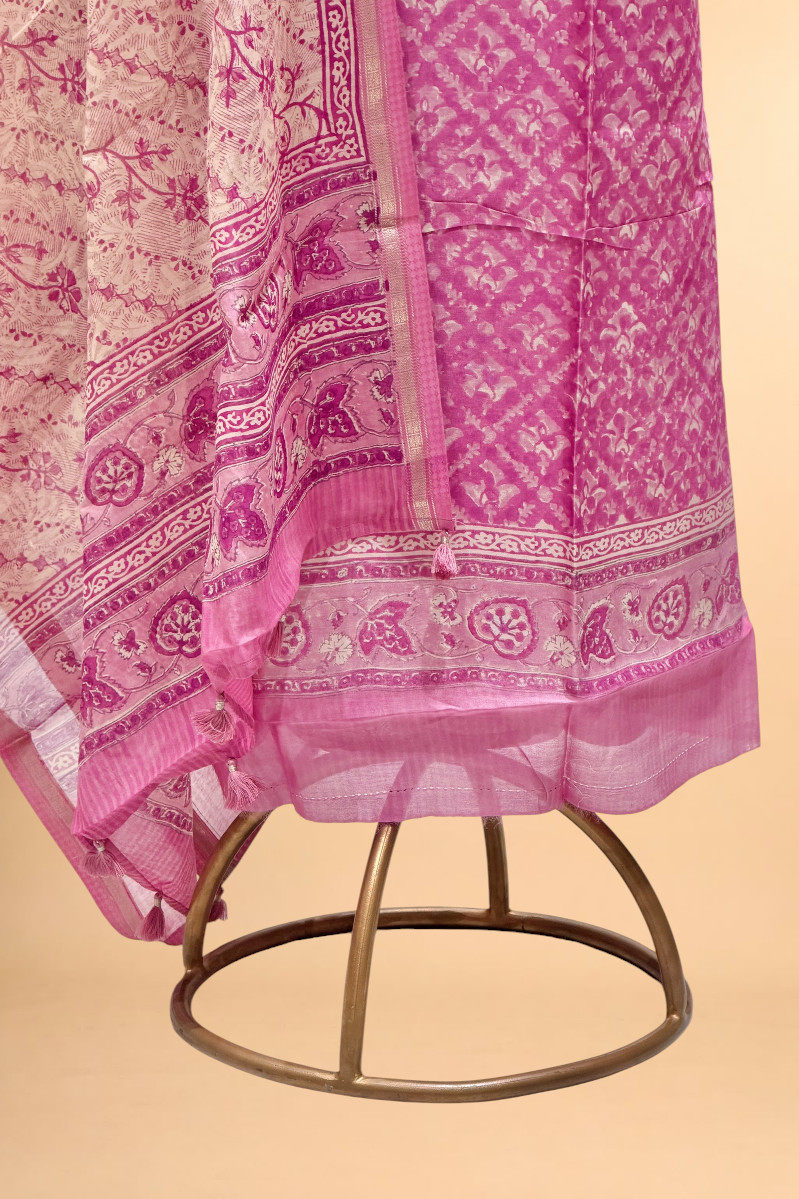 Vibrant Pink Block Printed Chanderi Suit Set with Floral Dupatta