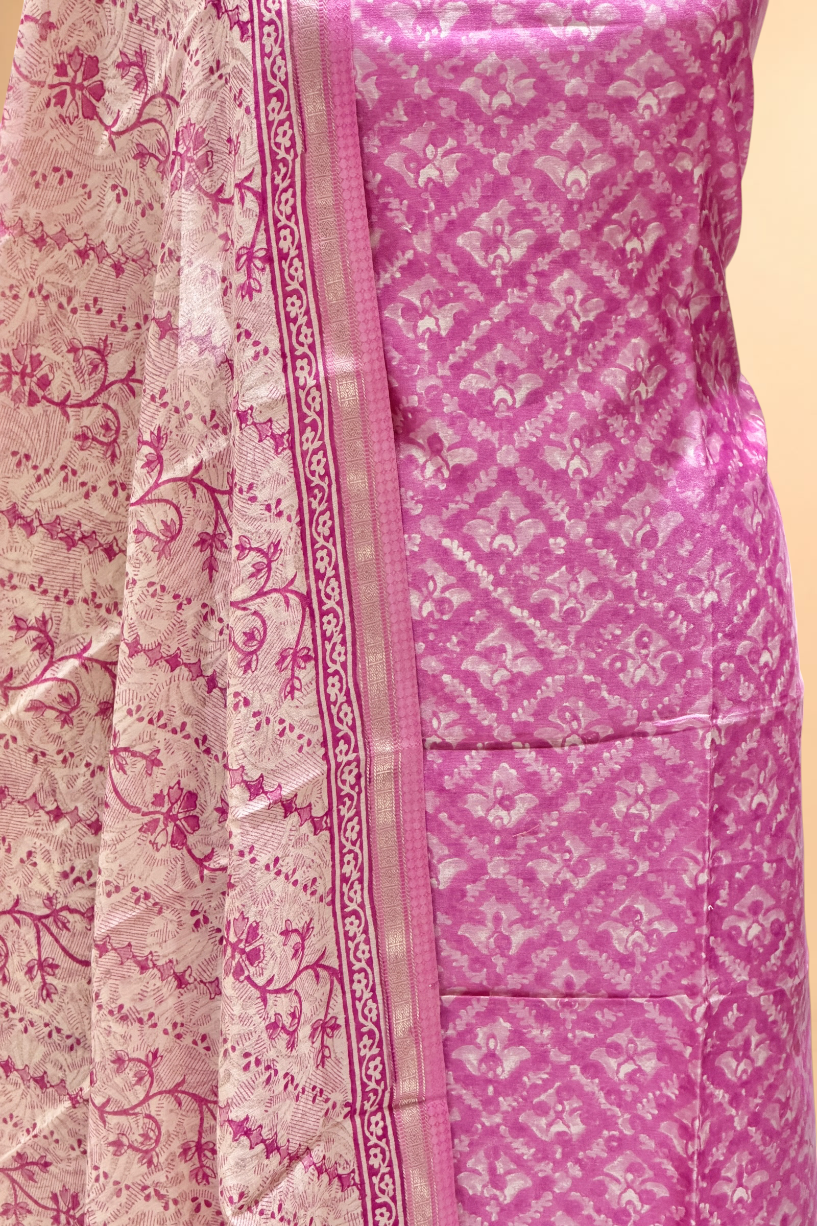 Vibrant Pink Block Printed Chanderi Suit Set with Floral Dupatta