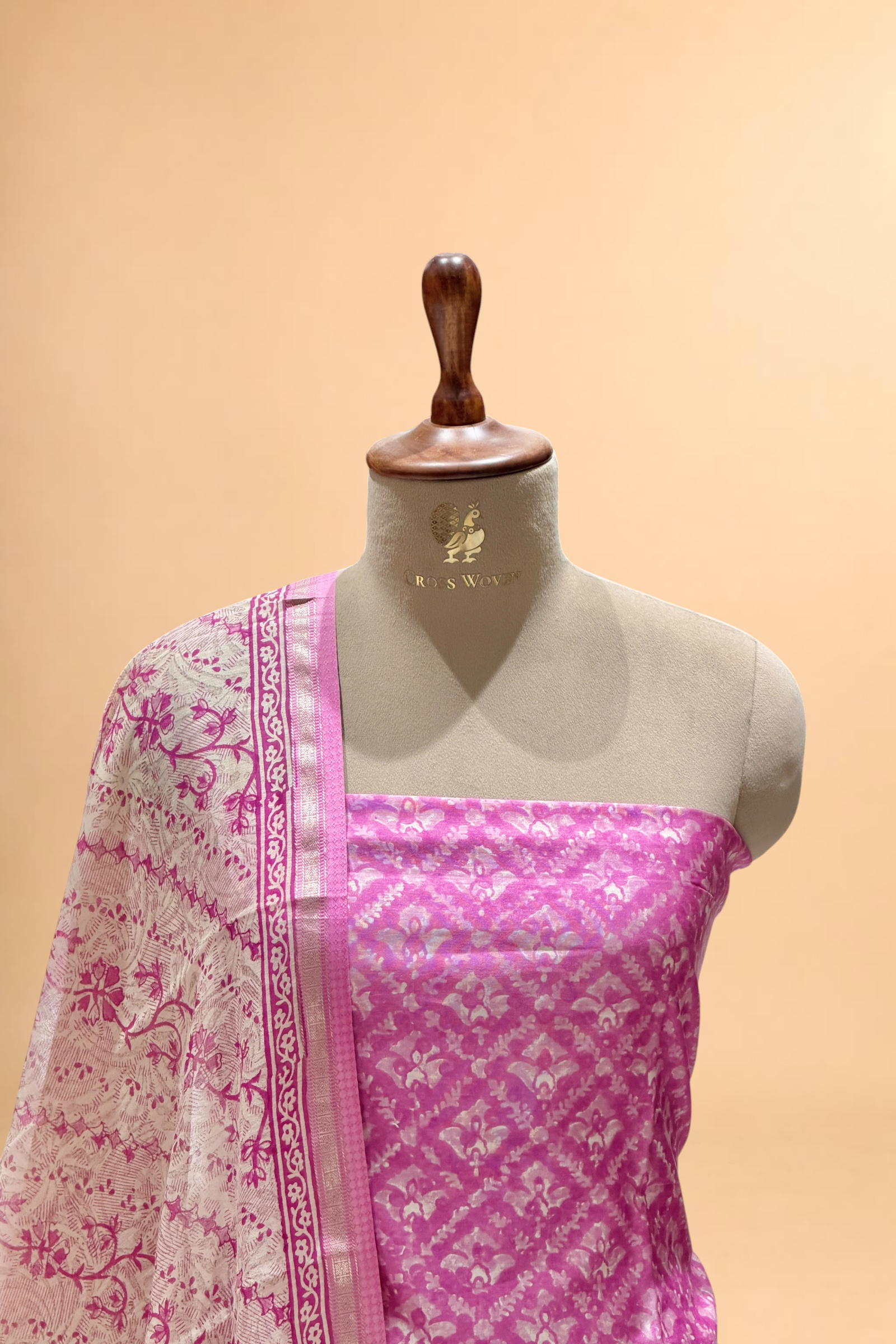 Vibrant Pink Block Printed Chanderi Suit Set with Floral Dupatta