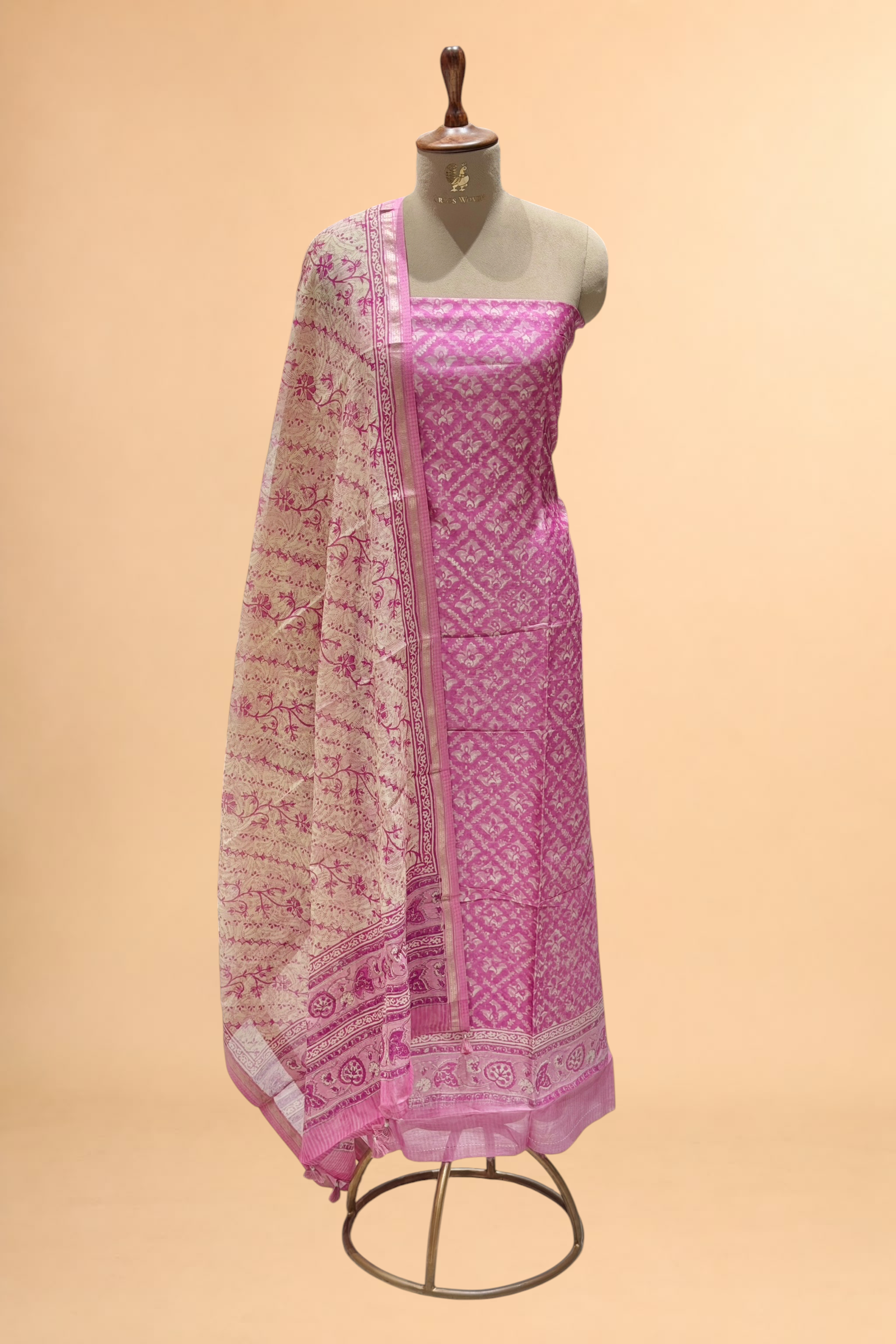 Vibrant Pink Block Printed Chanderi Suit Set with Floral Dupatta