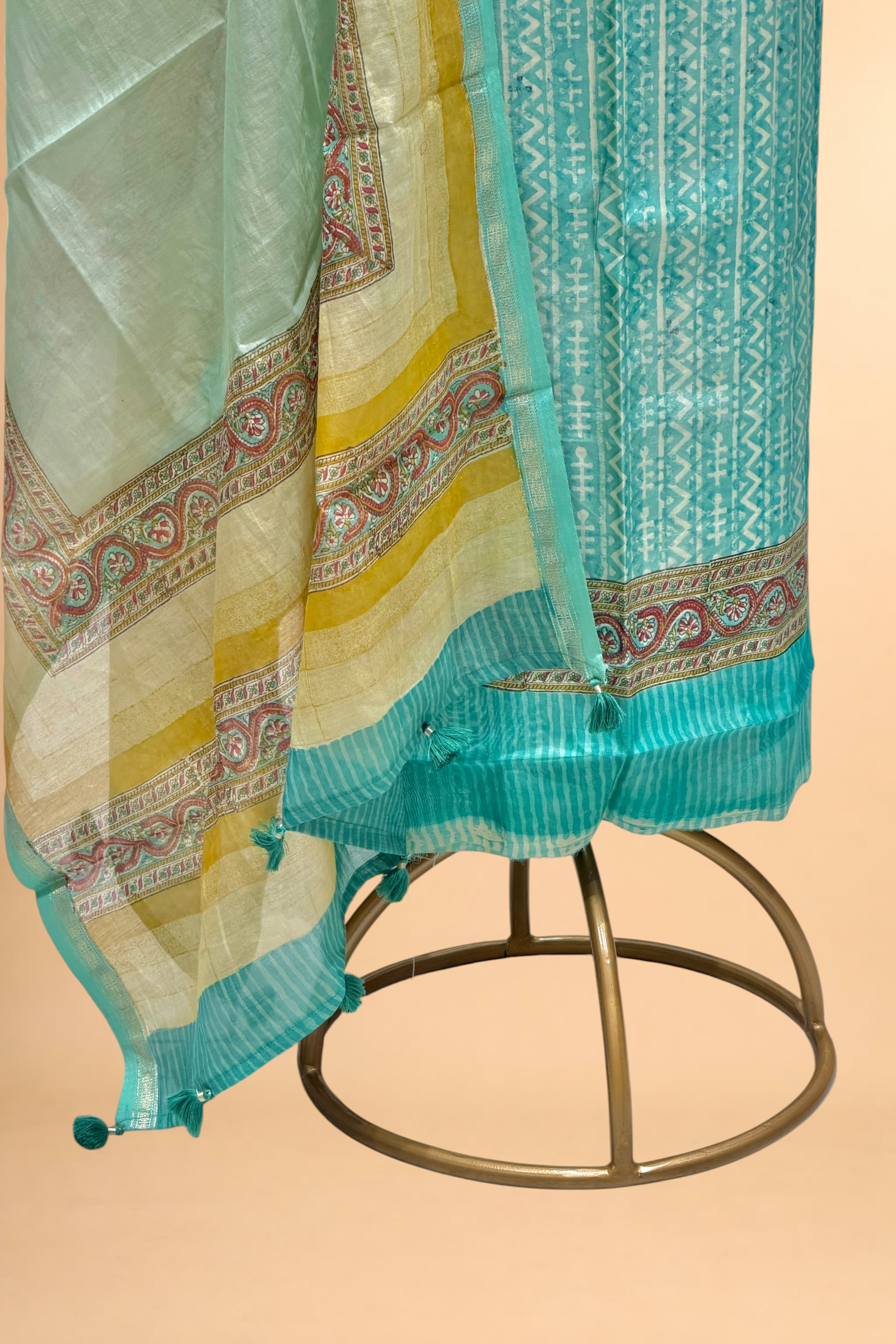 Aqua Blue Block Printed Chanderi Suit Set with Floral Border Dupatta