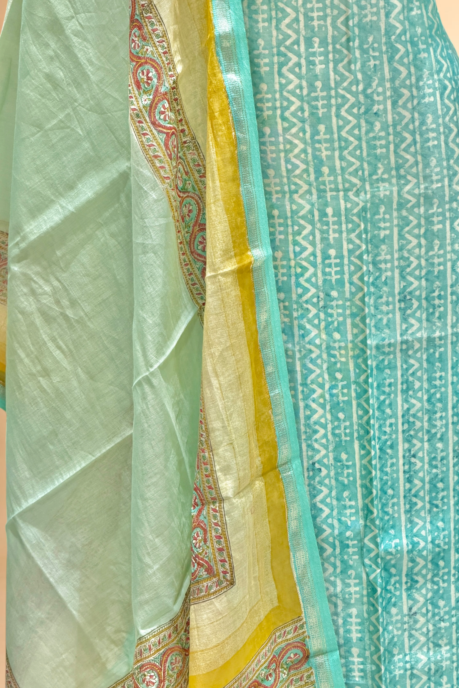 Aqua Blue Block Printed Chanderi Suit Set with Floral Border Dupatta