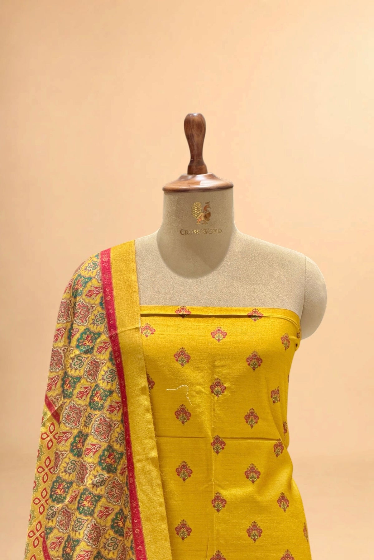 Mustard Yellow Printed Pure Banarasi Munga Silk Suit Set