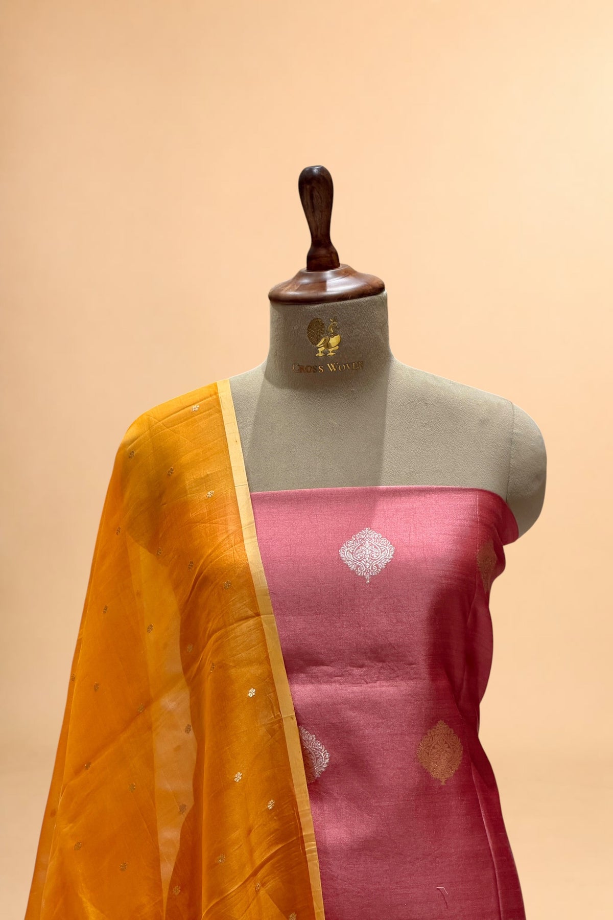 Muted Rose Pink Pure Chiniya Silk Suit Set With Contrast Dupatta