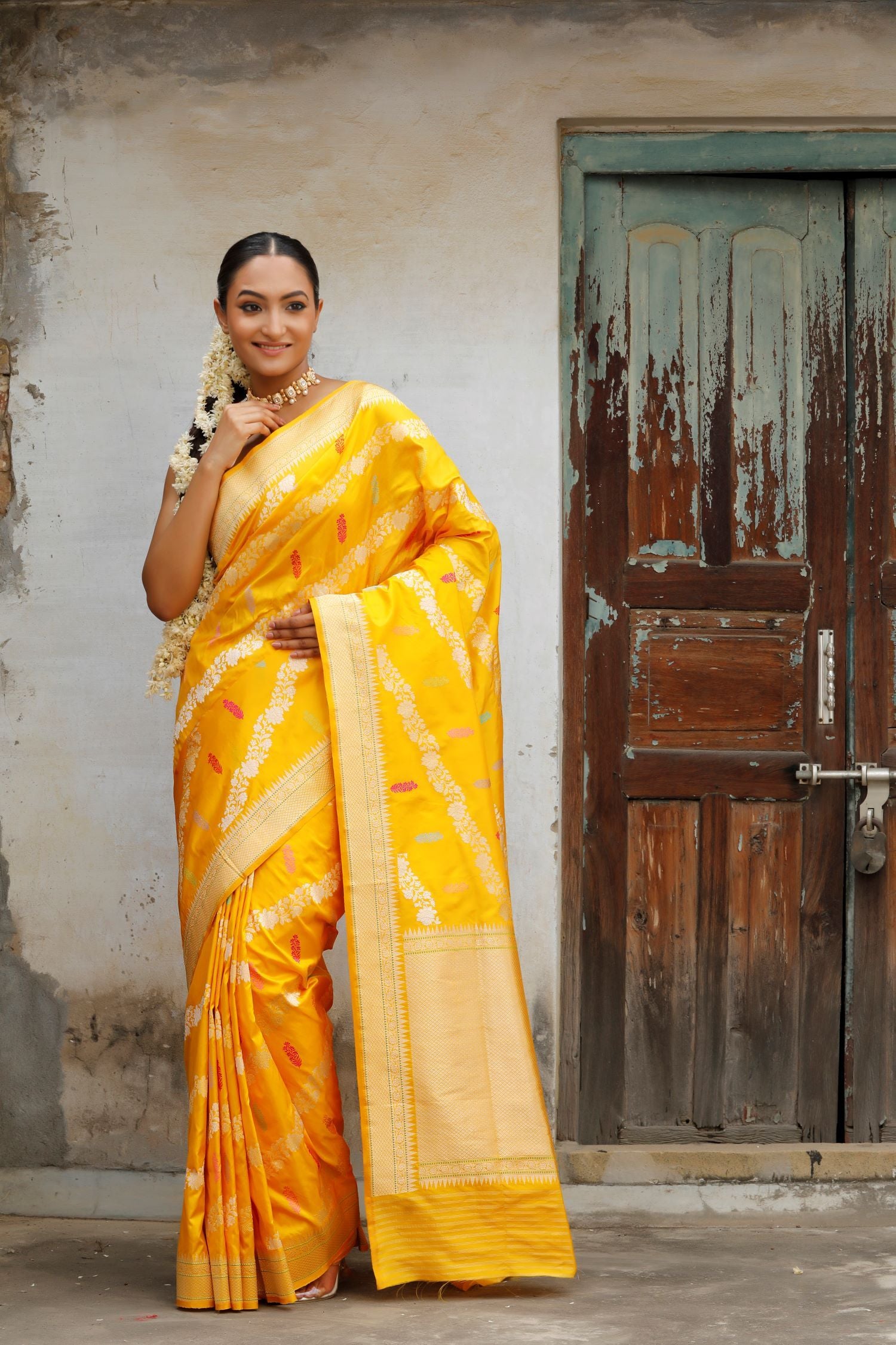 Bright Yellow Pure Katan Silk Saree