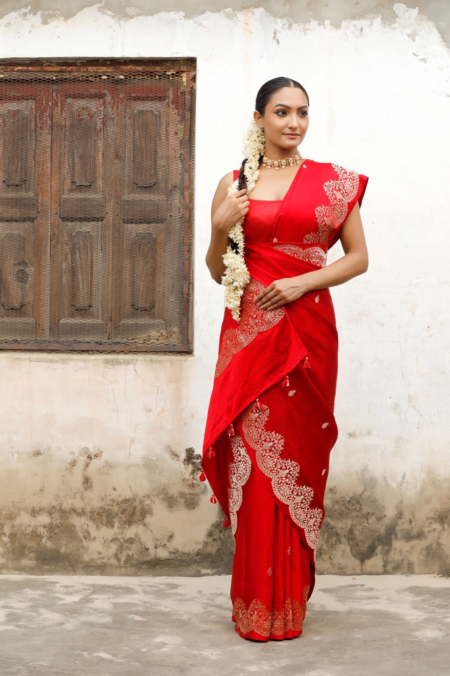 Red Banarasi Mashru Silk Saree With Floral Scalloped Border