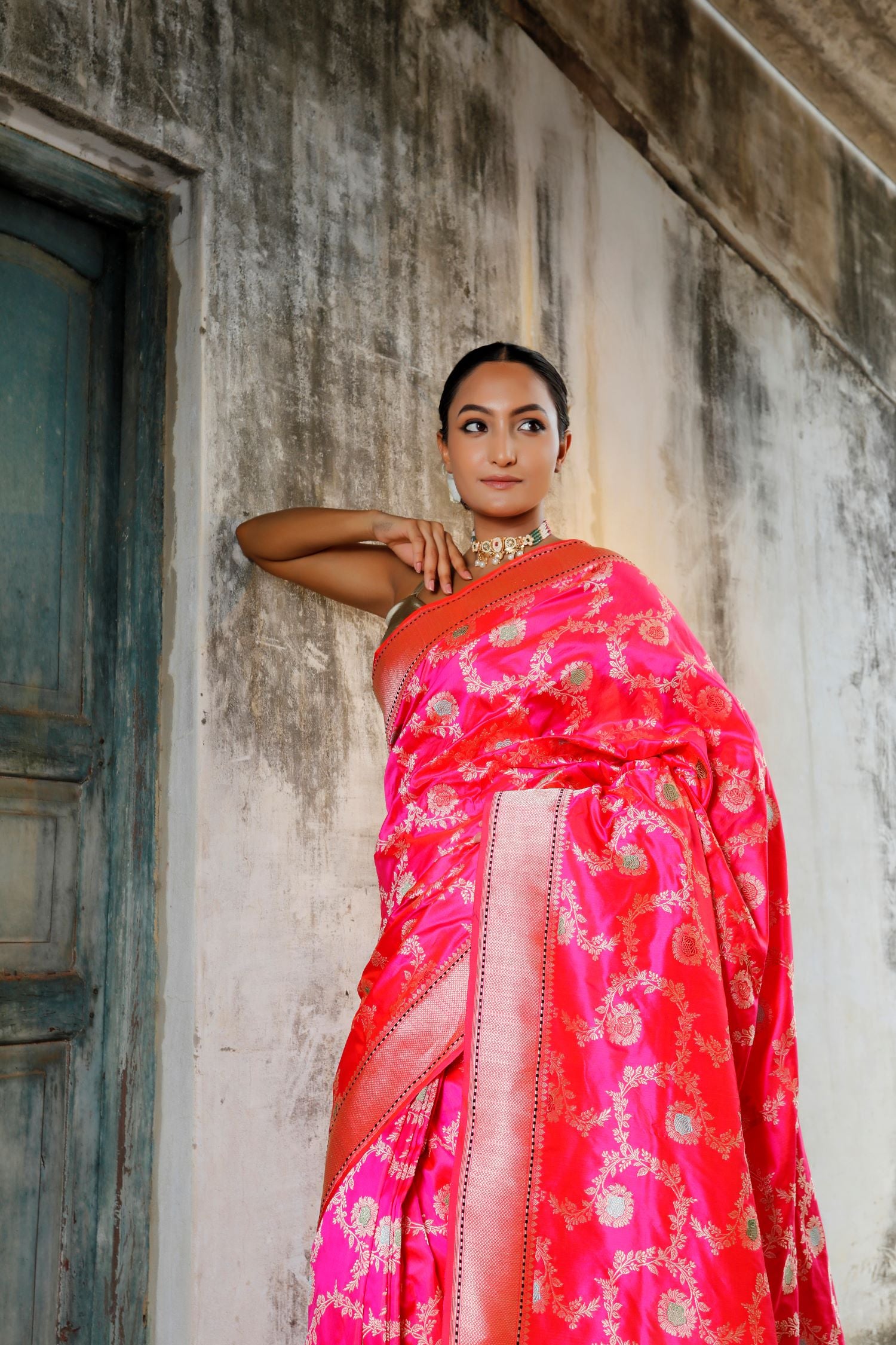 Bright Pink Banarasi Katan Silk Saree With Meenakari Floral Opara Jaal
