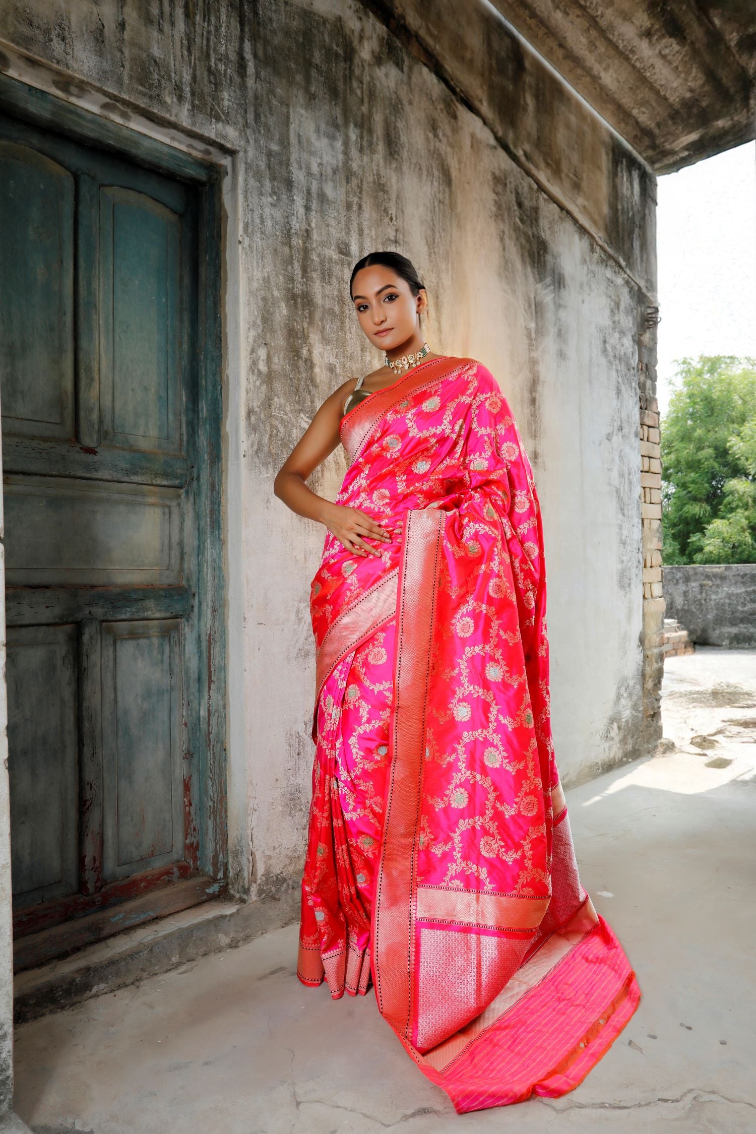 Bright Pink Katan Silk Saree With Meenakari Floral Kadhwa Jaal