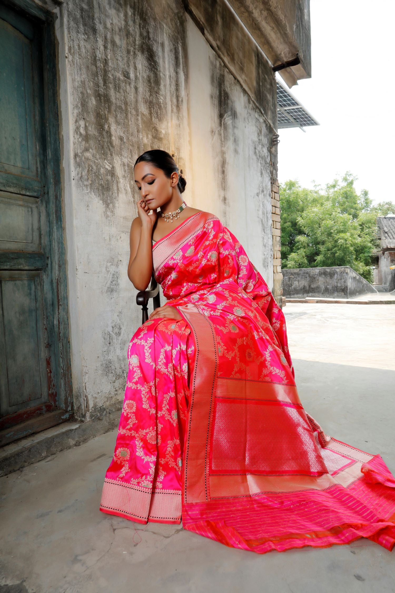 Bright Pink Katan Silk Saree With Meenakari Floral Kadhwa Jaal