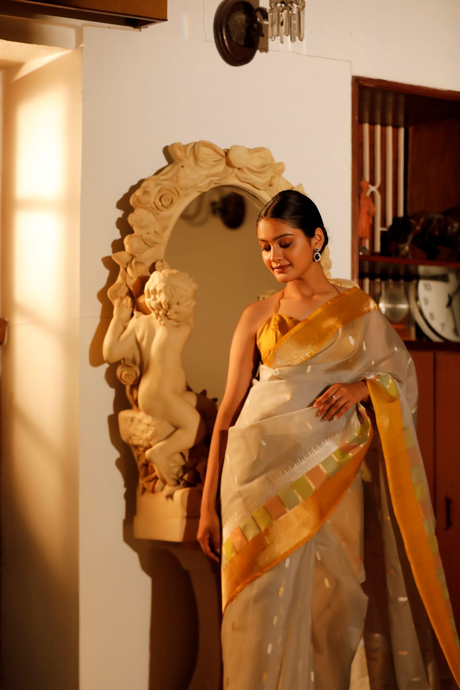 Pastel Grey Organza Saree with Sona Rupa Bootis and Panelled Border