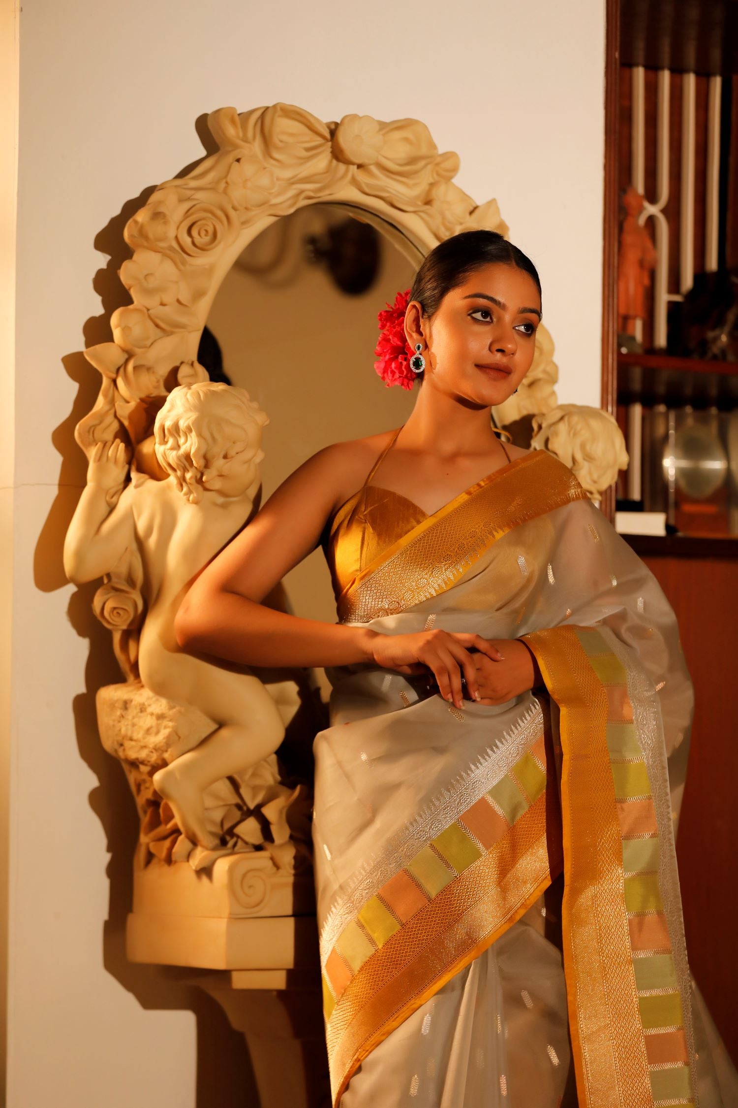 Pastel Grey Organza Saree with Sona Rupa Bootis and Panelled Border