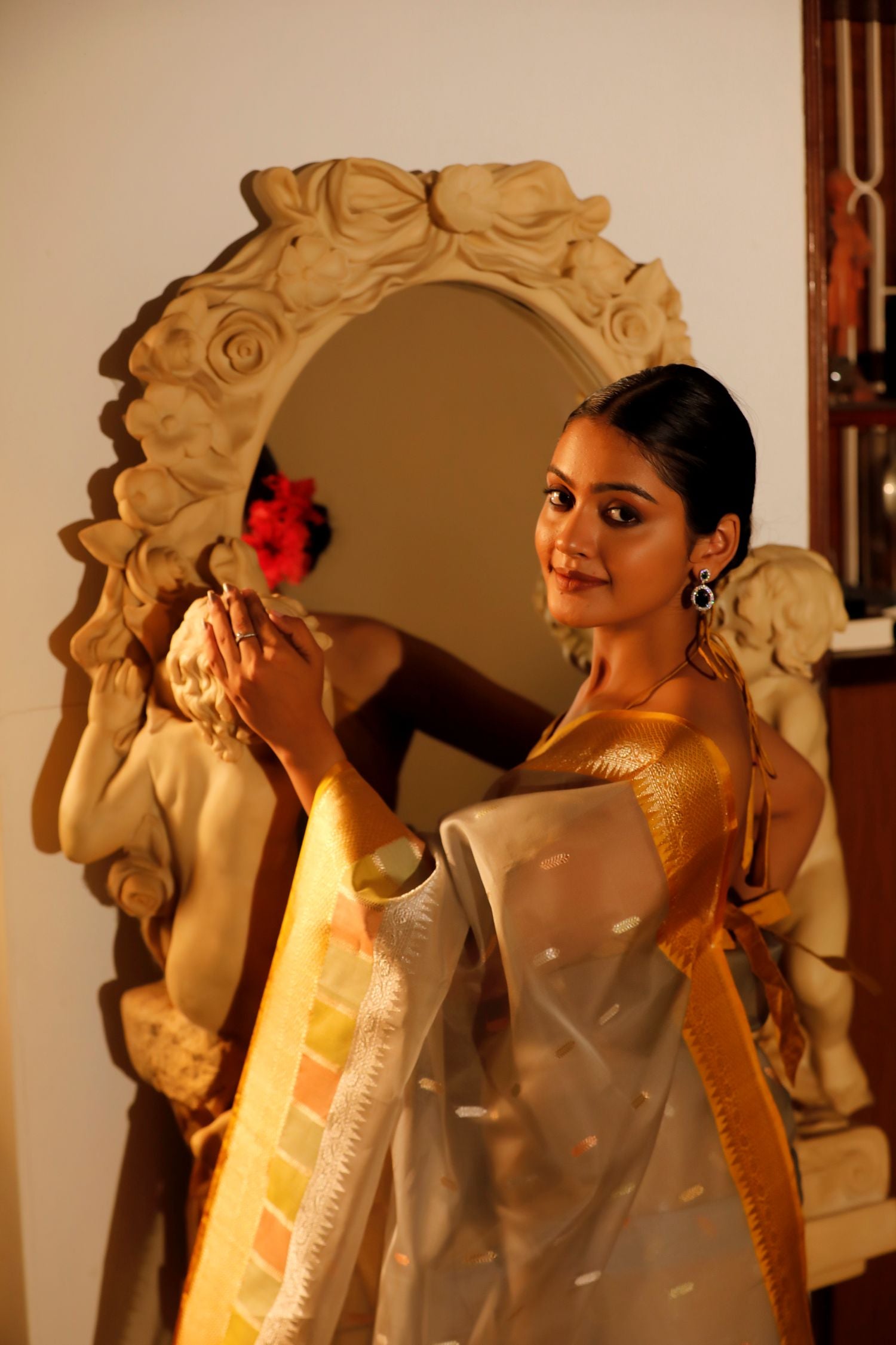 Pastel Grey Organza Saree with Sona Rupa Bootis and Panelled Border