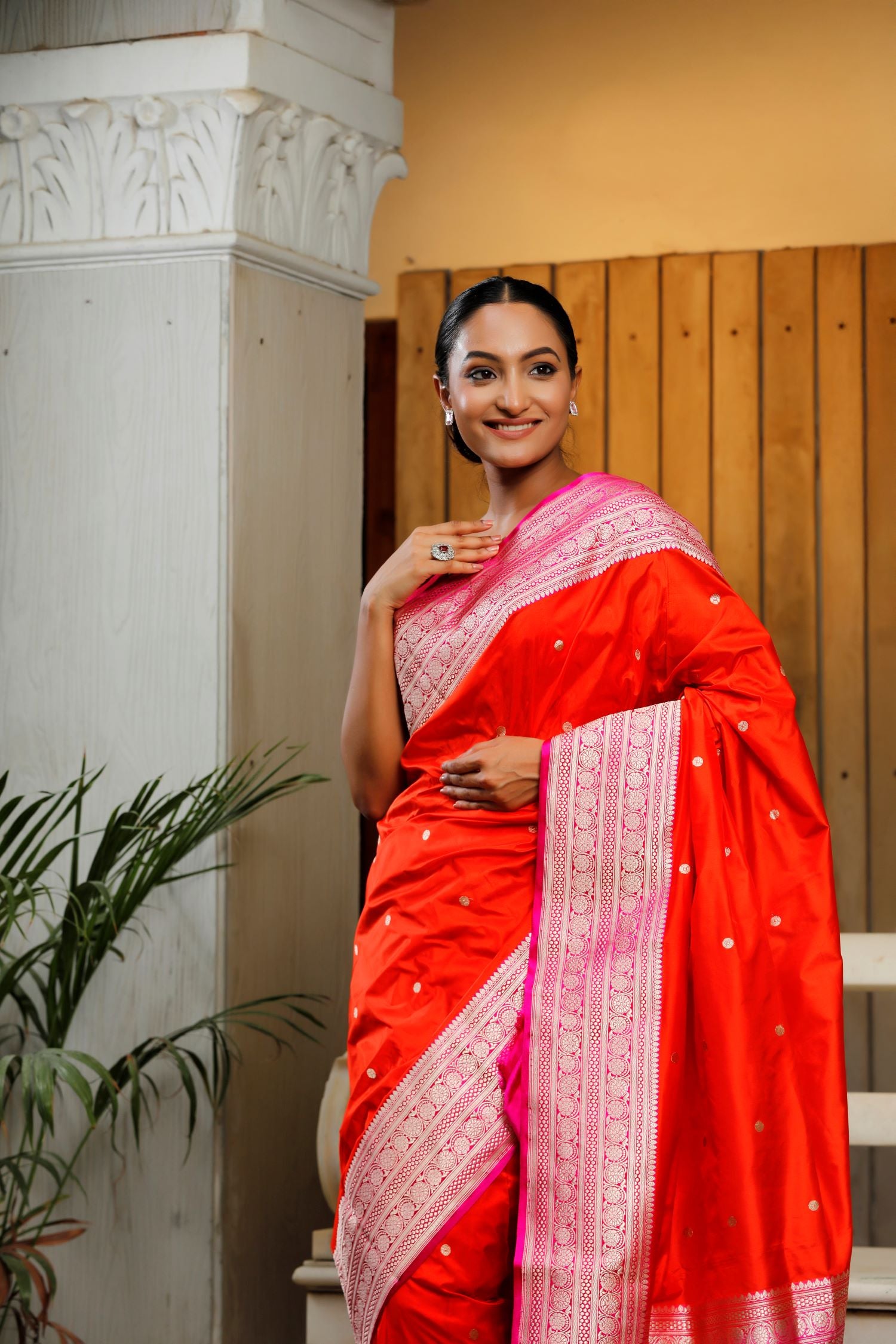 Bright Orange Pure Katan Silk Saree With Contrast Border