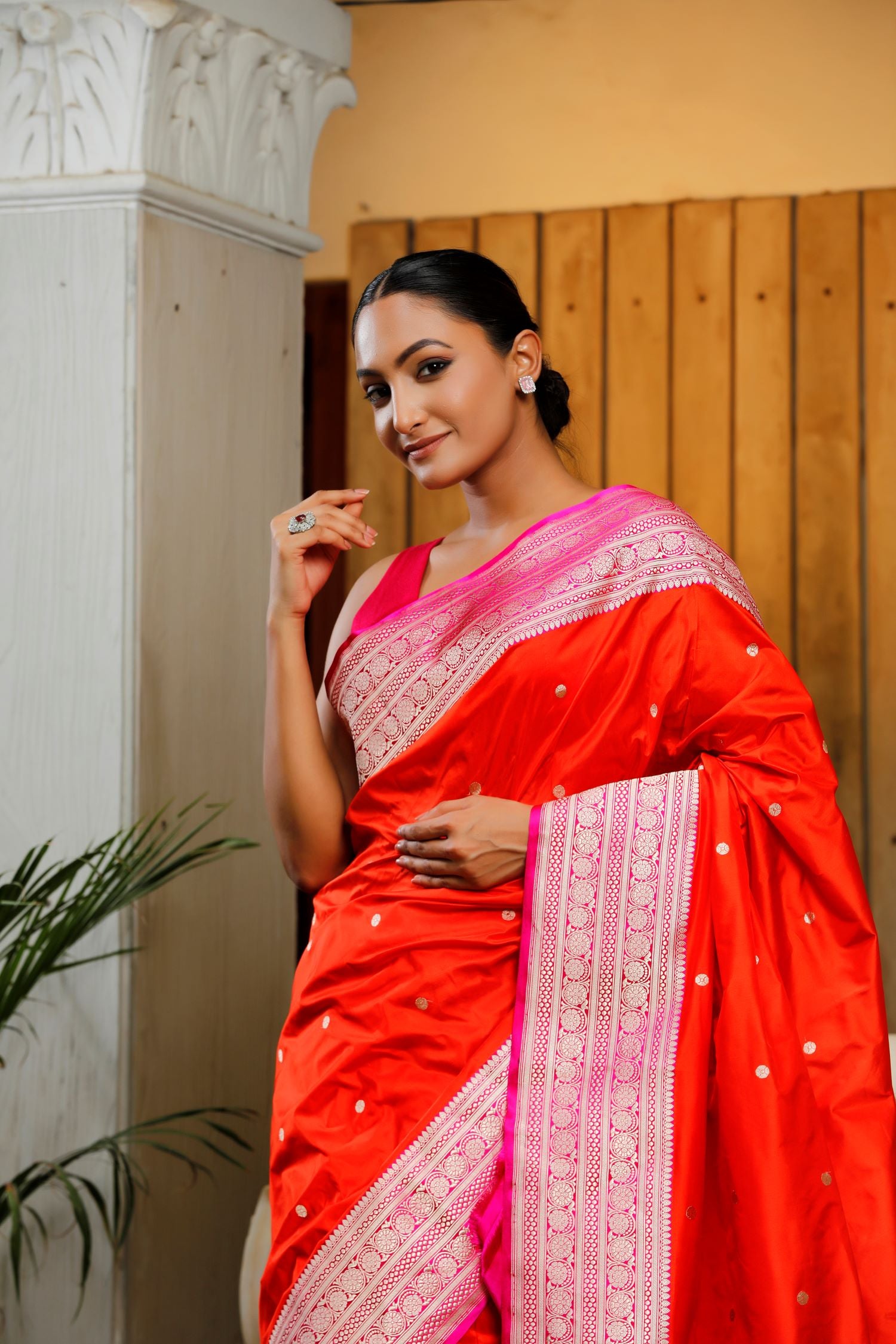 Bright Orange Pure Katan Silk Saree With Contrast Border