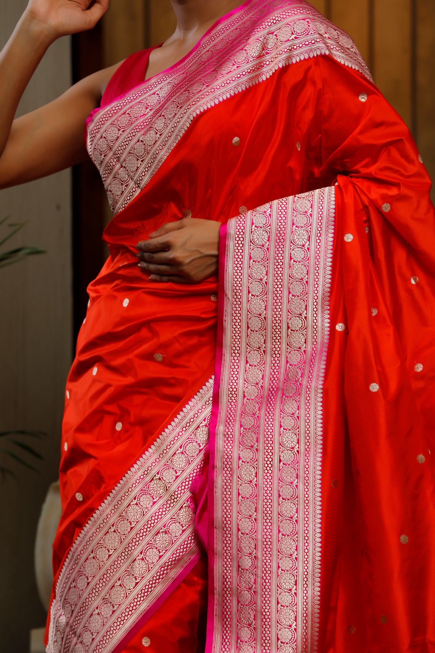 Bright Orange Pure Katan Silk Saree With Contrast Border