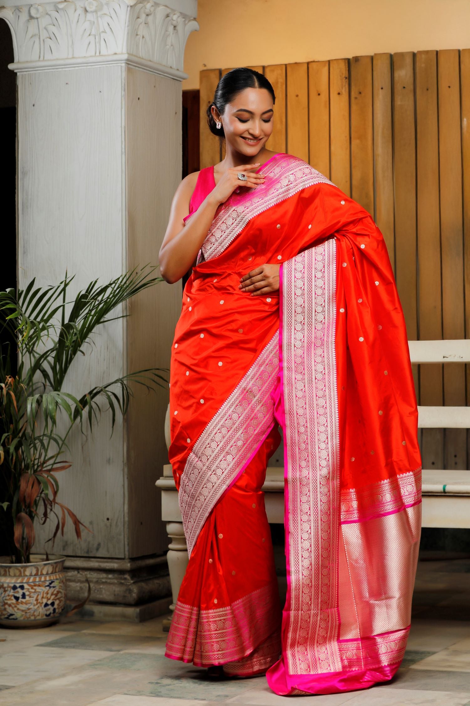 Bright Orange Pure Katan Silk Saree With Contrast Border