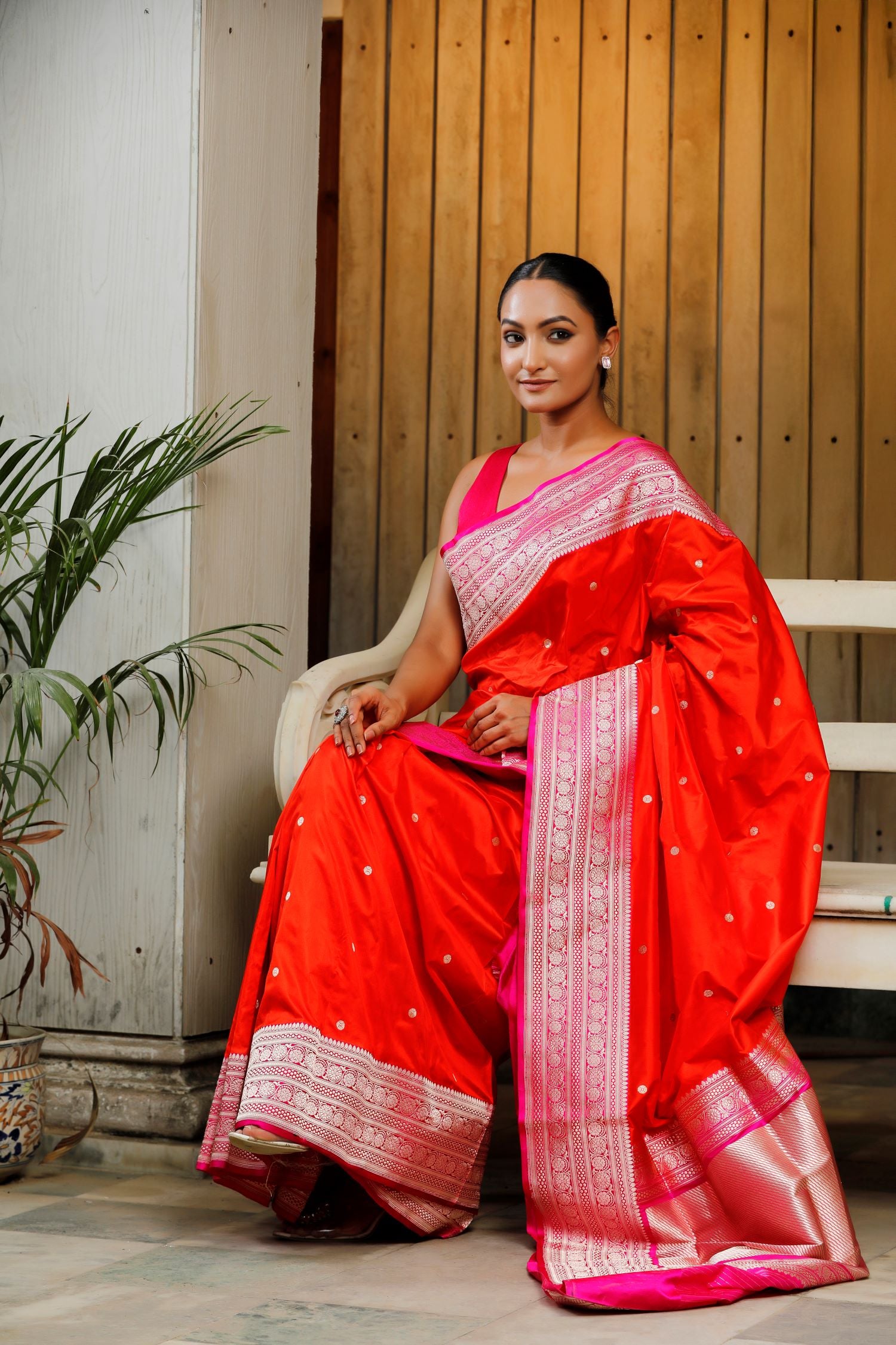 Bright Orange Pure Katan Silk Saree With Contrast Border