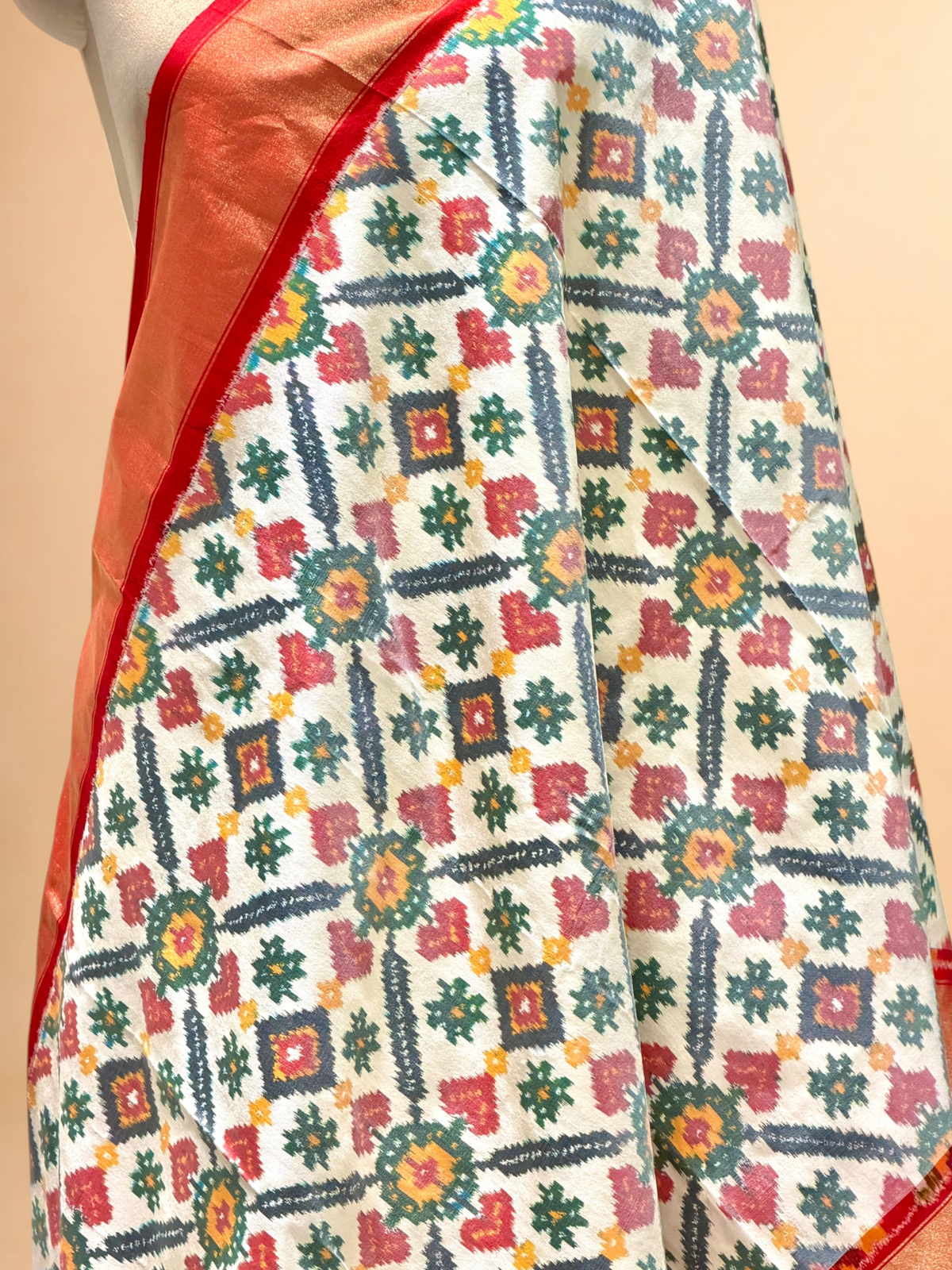 Off- White Banarasi Katan Silk Ikkat Dupatta