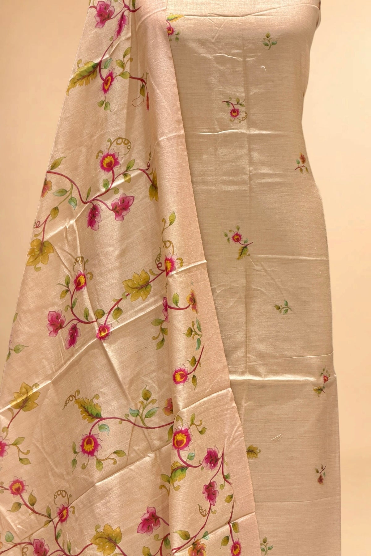 Peach Beige Printed Pure Banarasi Munga Silk Suit Set
